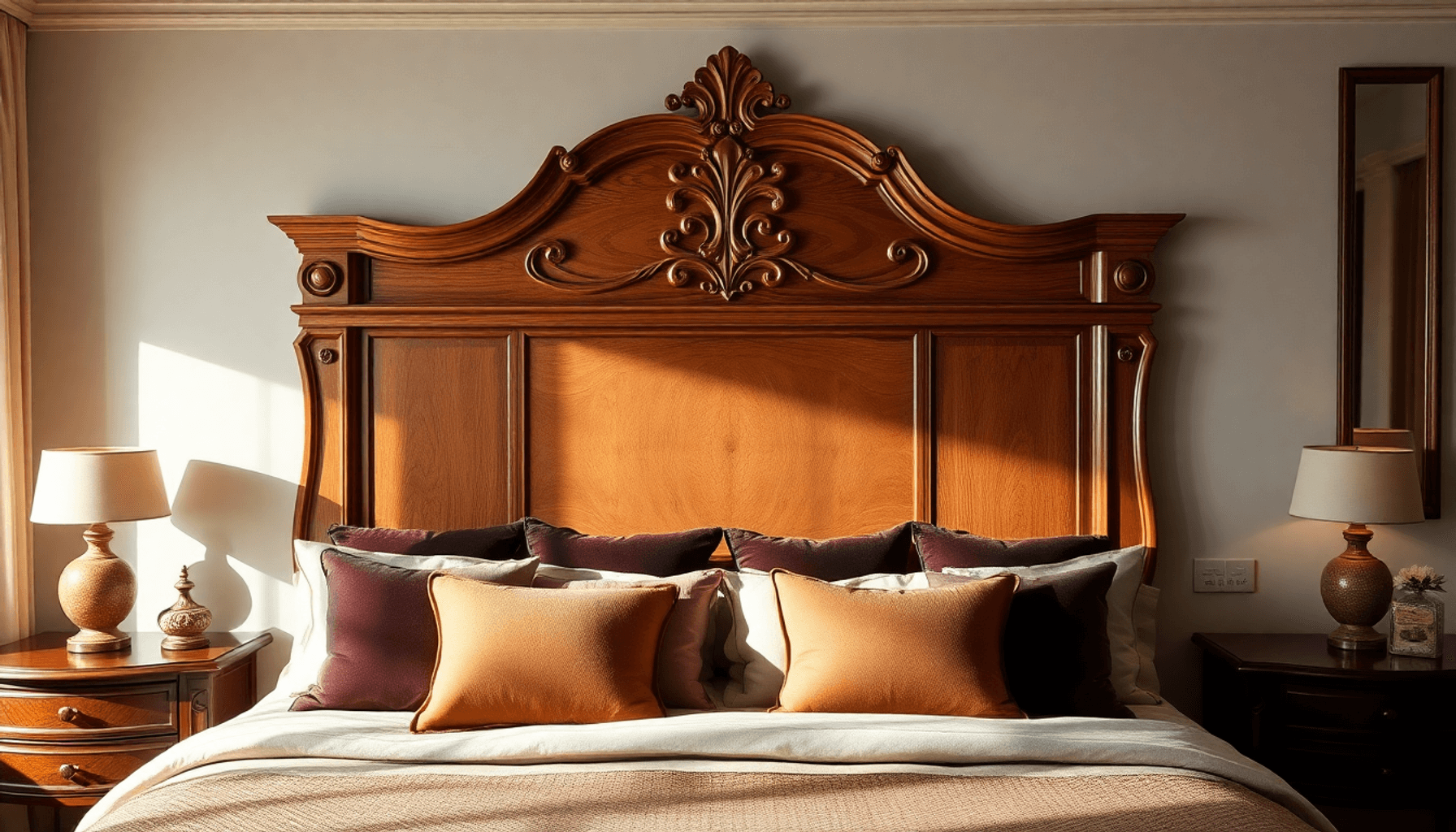Chambre confortable avec une élégante tête de lit en bois sculpté, des coussins en velours doux