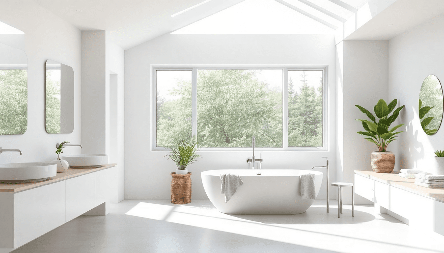 Salle de bain moderne et lumineuse avec baignoire autoportante, robinetterie élégante