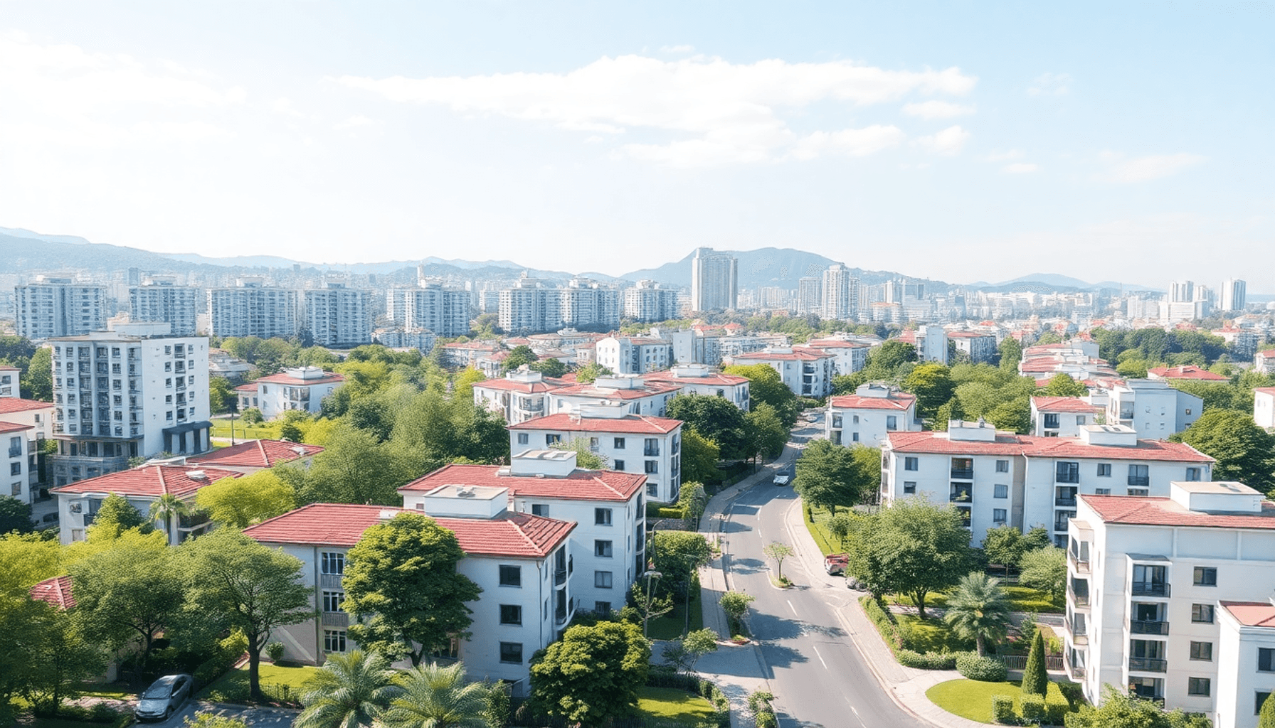 Un quartier suburbain lumineux avec des maisons modernes, des jardins verts