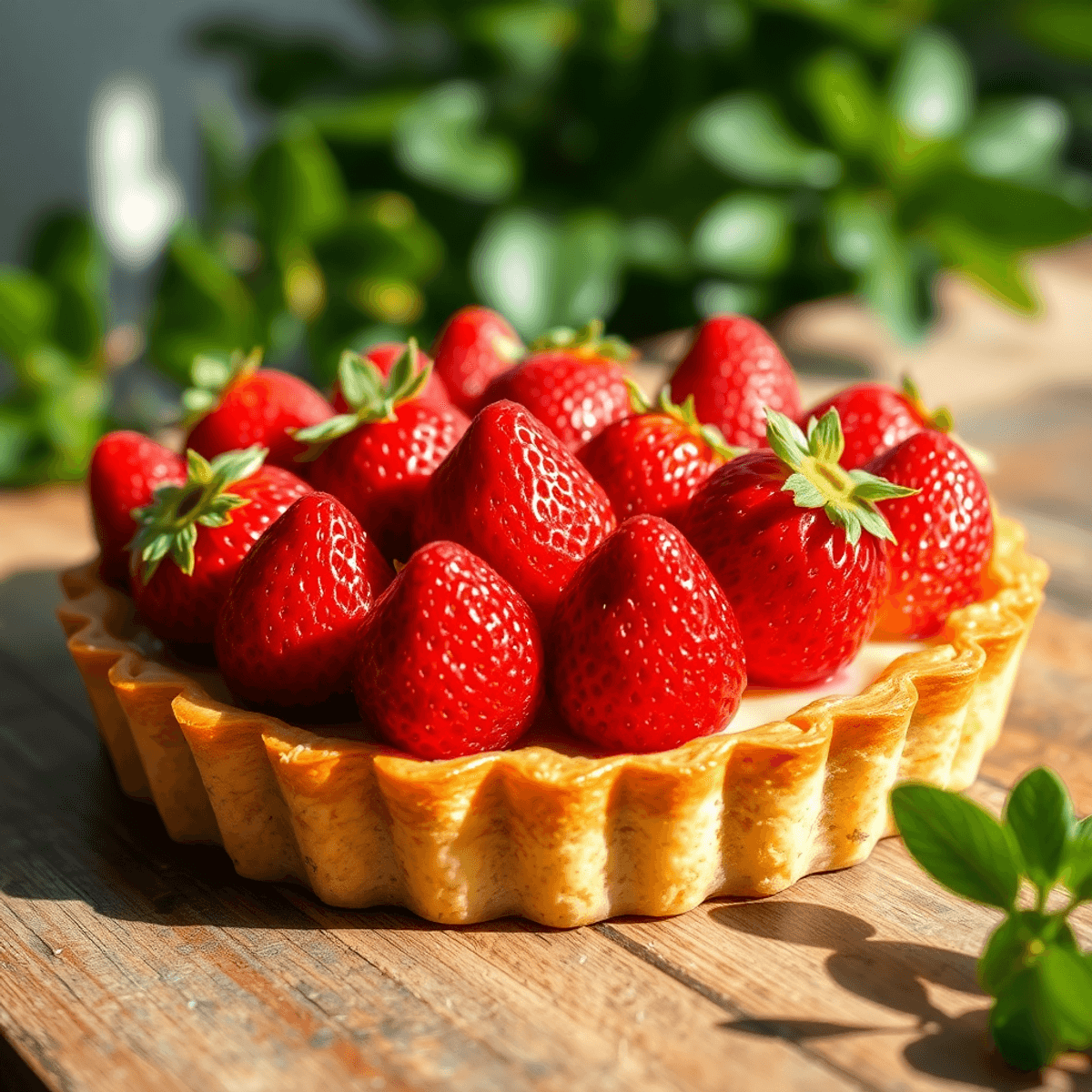 Gros plan sur une tarte aux fraises avec une croûte dorée et des fraises rouges fraîches sur une table en b...
