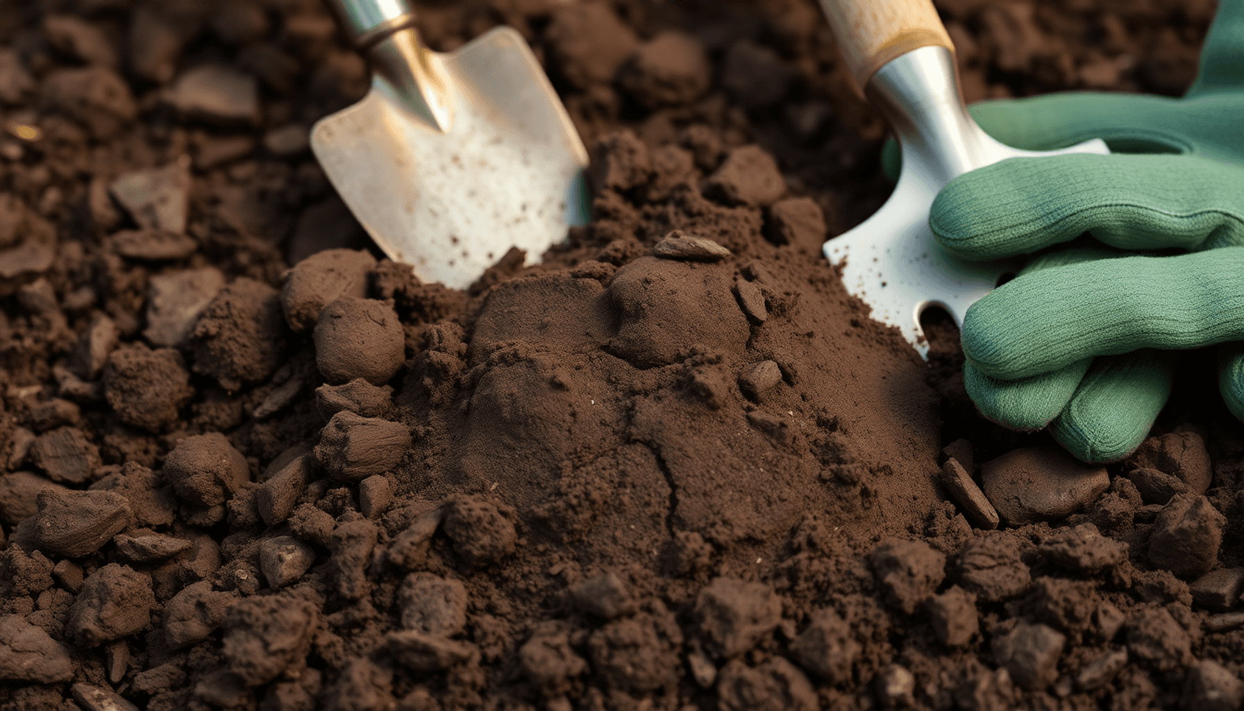 Gros plan sur un sol argileux sombre avec des fissures, entouré d'outils de jardinage et de gants
