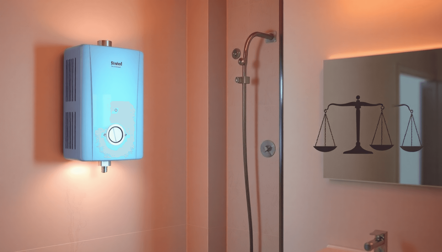 Salle de bain confortable avec un chauffe-eau moderne et lumineux, une lumière chaude