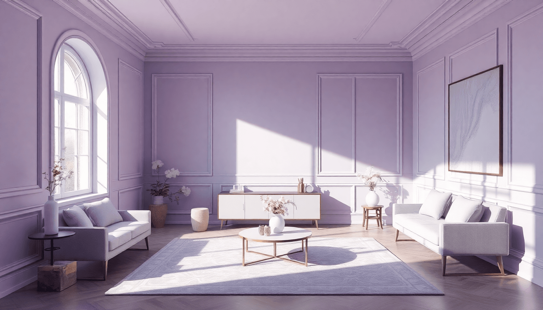 Un intérieur serein avec des tons lavande doux, un mobilier minimaliste, de touches florales