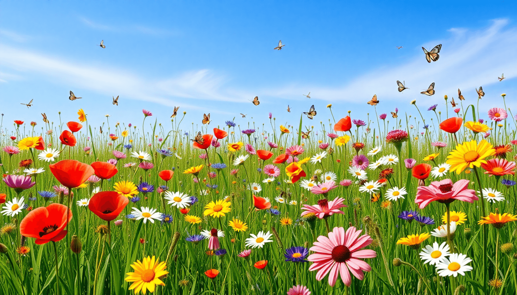 Un champ de fleurs sauvages vibrant avec des fleurs colorées, des abeilles et des papillons