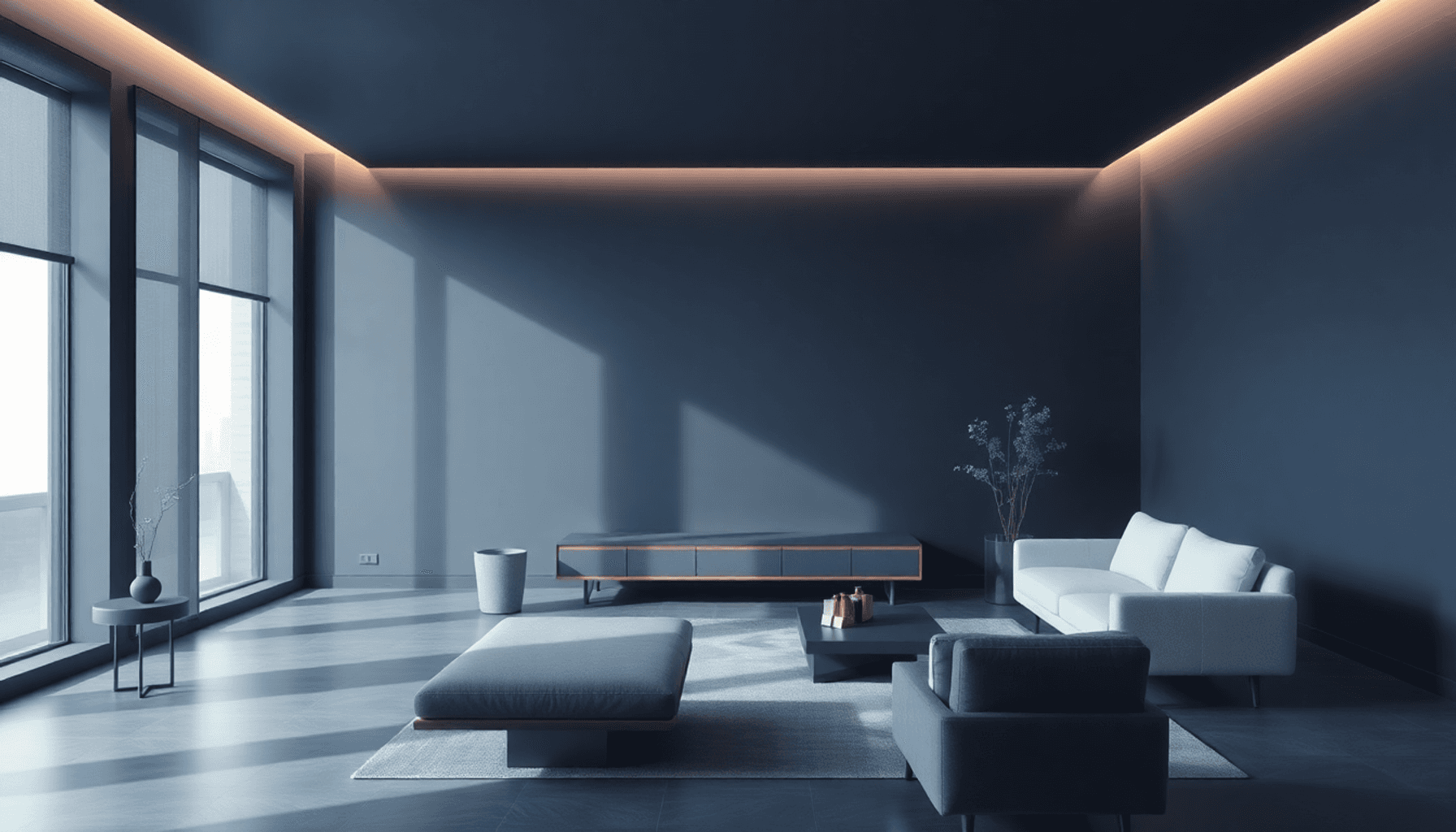 Un intérieur serein avec des murs bleu marine profond, des meubles modernes minimalistes