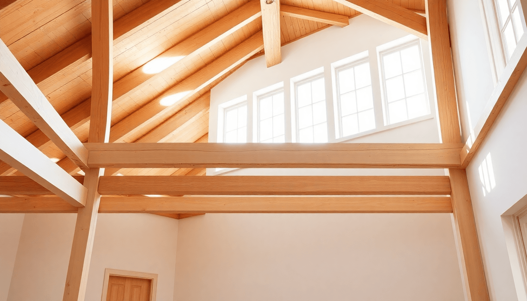 Chambre lumineuse et chaleureuse avec des poutres en bois exposées peintes en clair