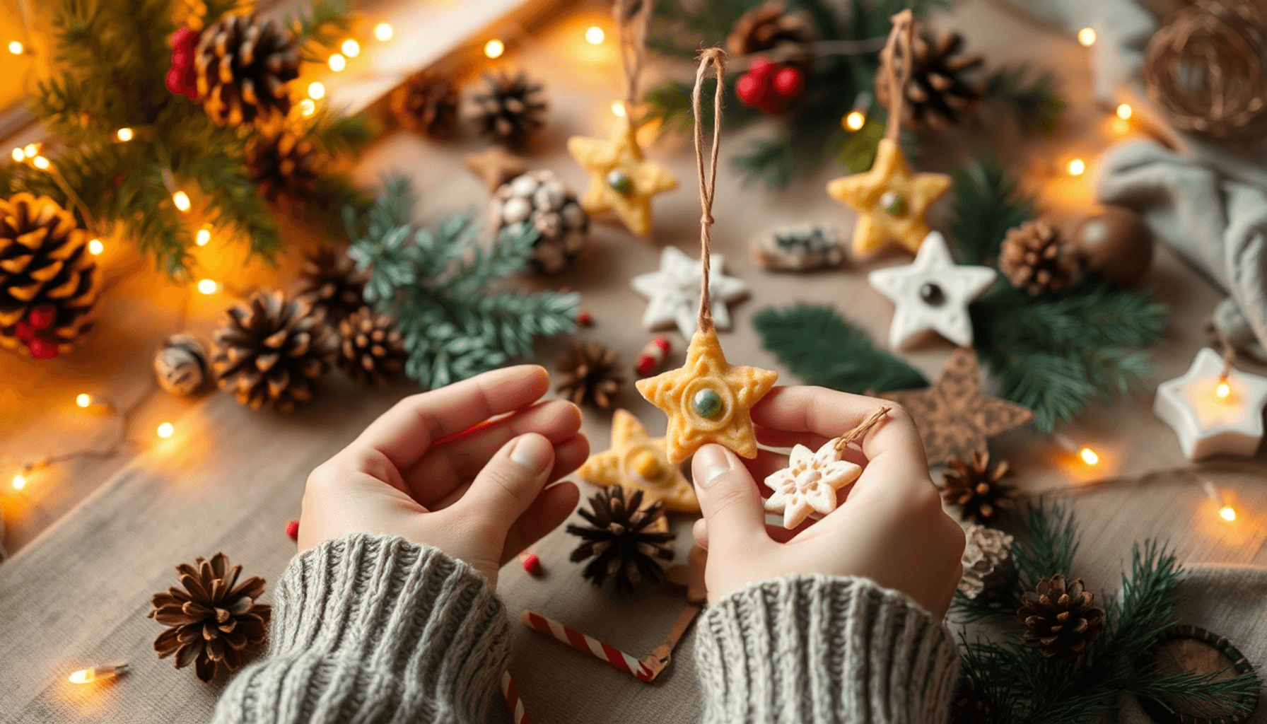 Fabrication des décorations de Noël faites maison avec des pâtes peintes et des pommes de pin