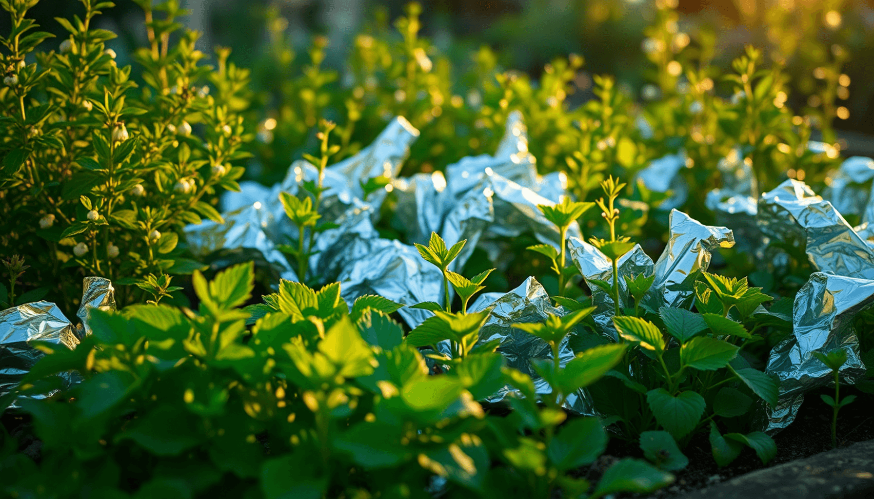 Un jardin luxuriant au crépuscule avec des plantes vertes et des bandes de papier aluminium