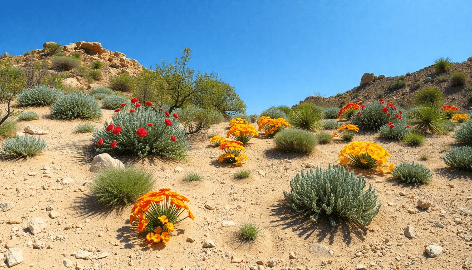 Jardin méditerranéen ensoleillé avec des plantes colorées résistantes à la sécheresse