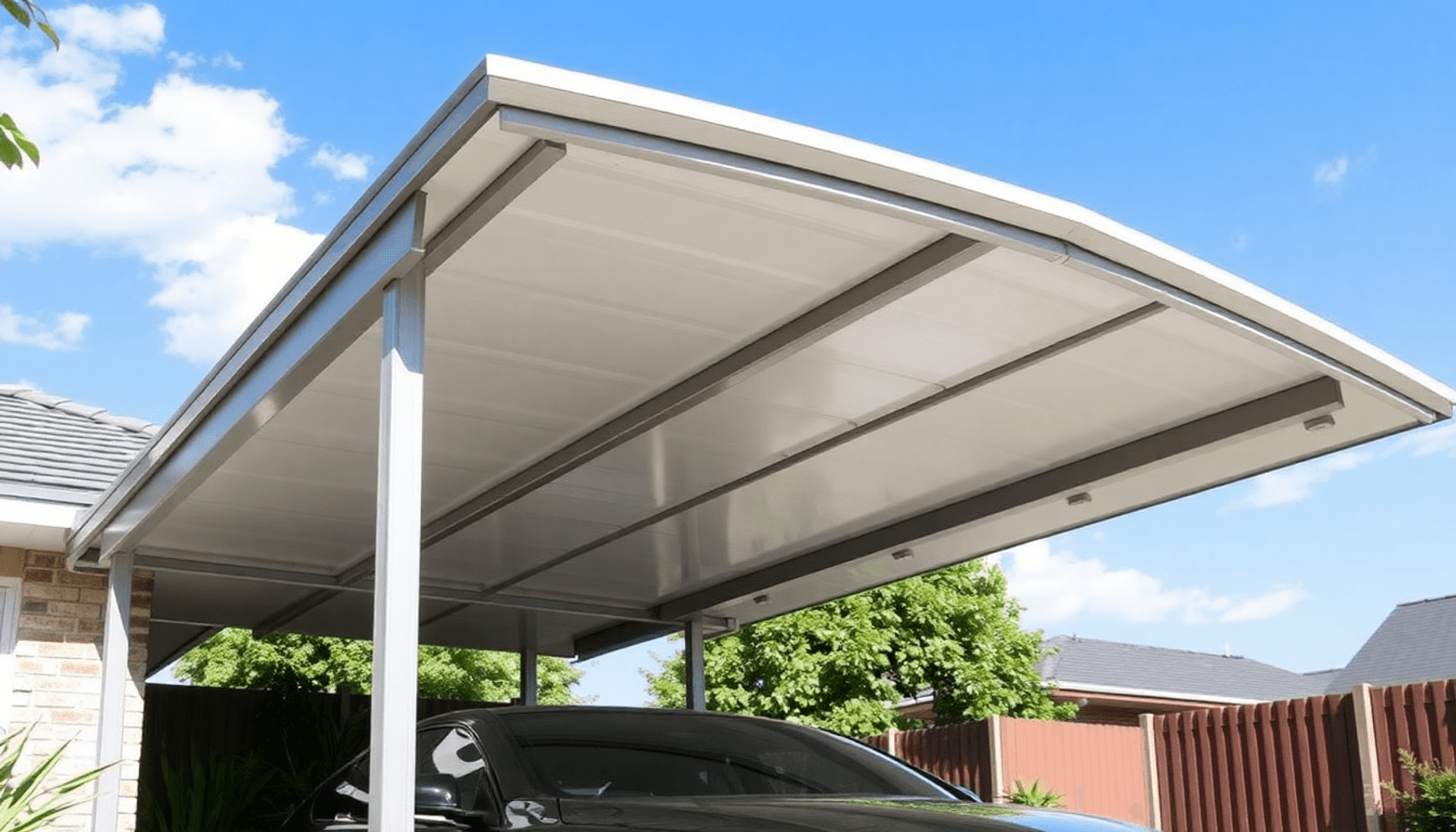 Carport moderne avec toit incliné dans un jardin résidentiel, sous un ciel dégagé