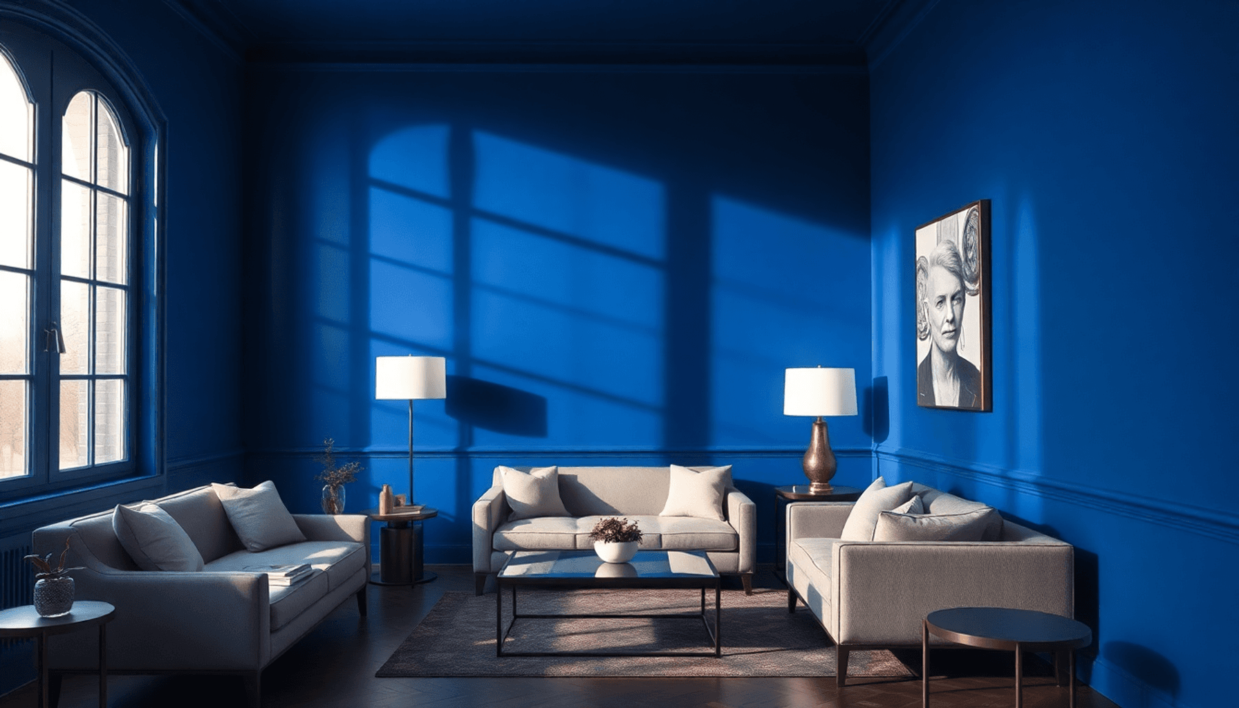 Chambre élégante avec des murs bleu saphir profond, mobilier neutre et métallique,