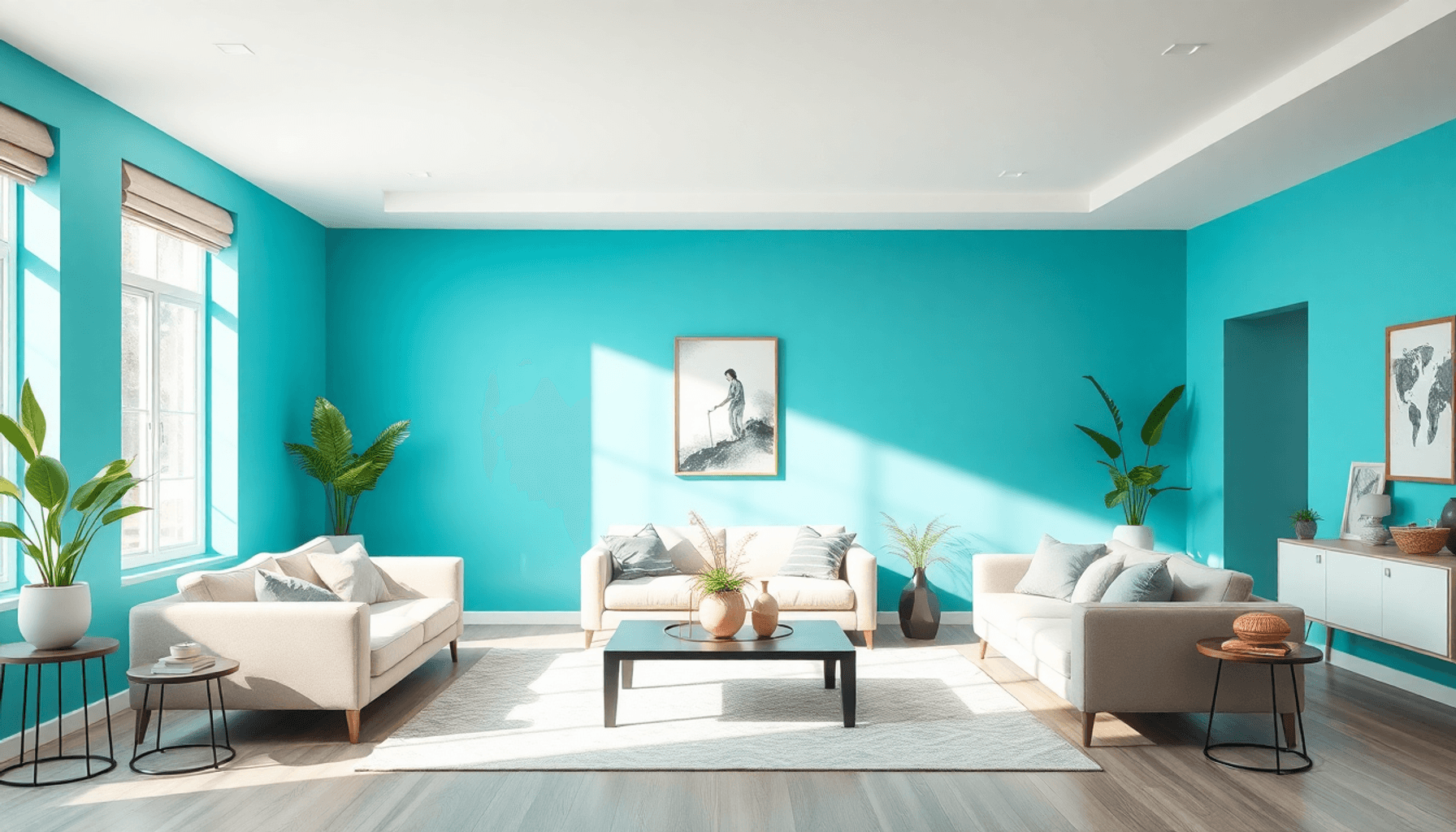 Salon avec des murs turquoise, de la lumière naturelle, des meubles neutres et minimaliste