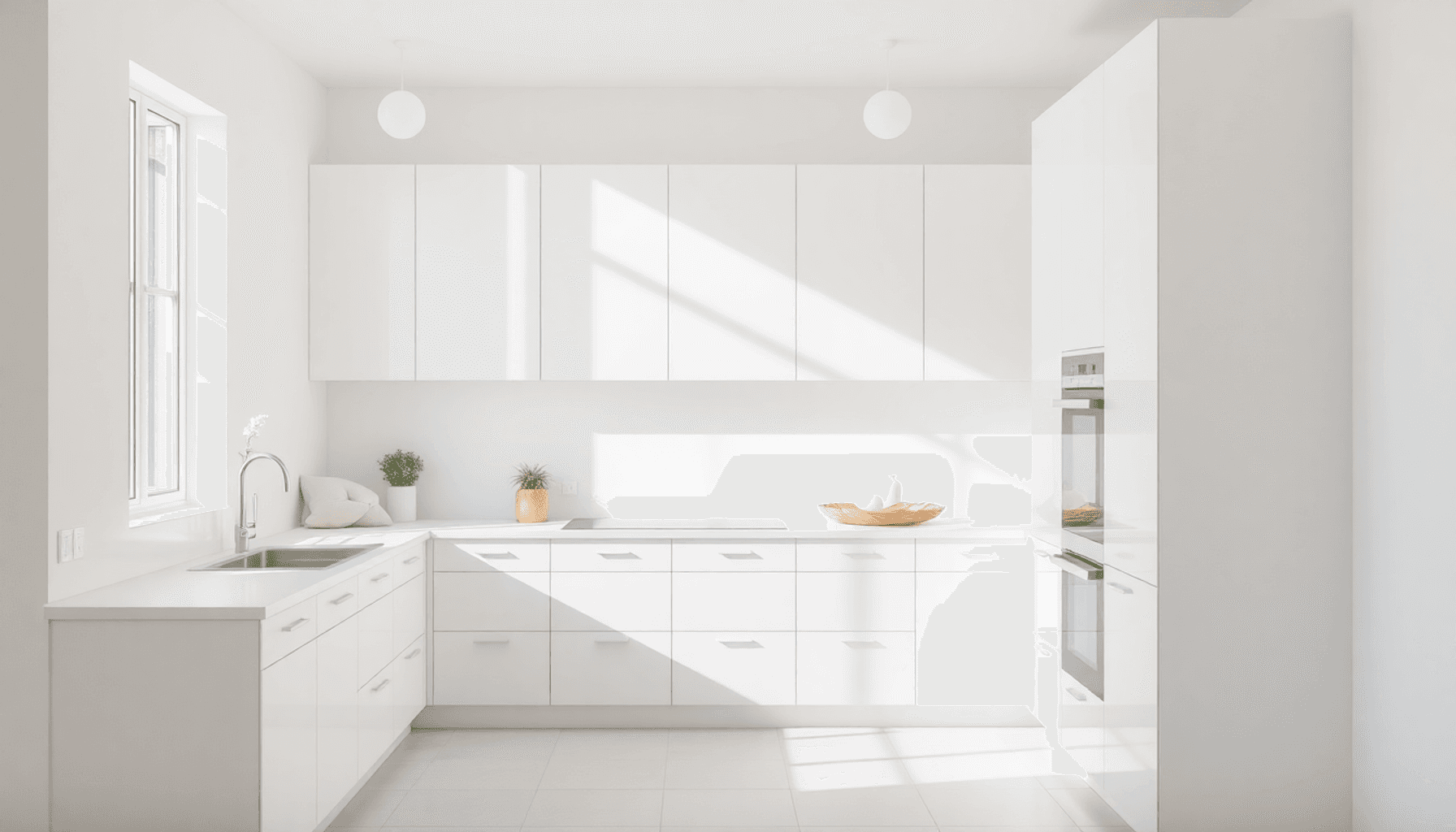 Cuisine moderne lumineuse avec des armoires blanches, des accents pastel et une lumière naturelle