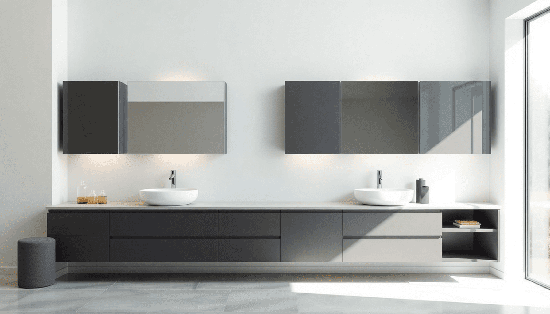 Salle de bain moderne et lumineuse avec meuble-lavabo mural, vasque, espace de sol ouvert