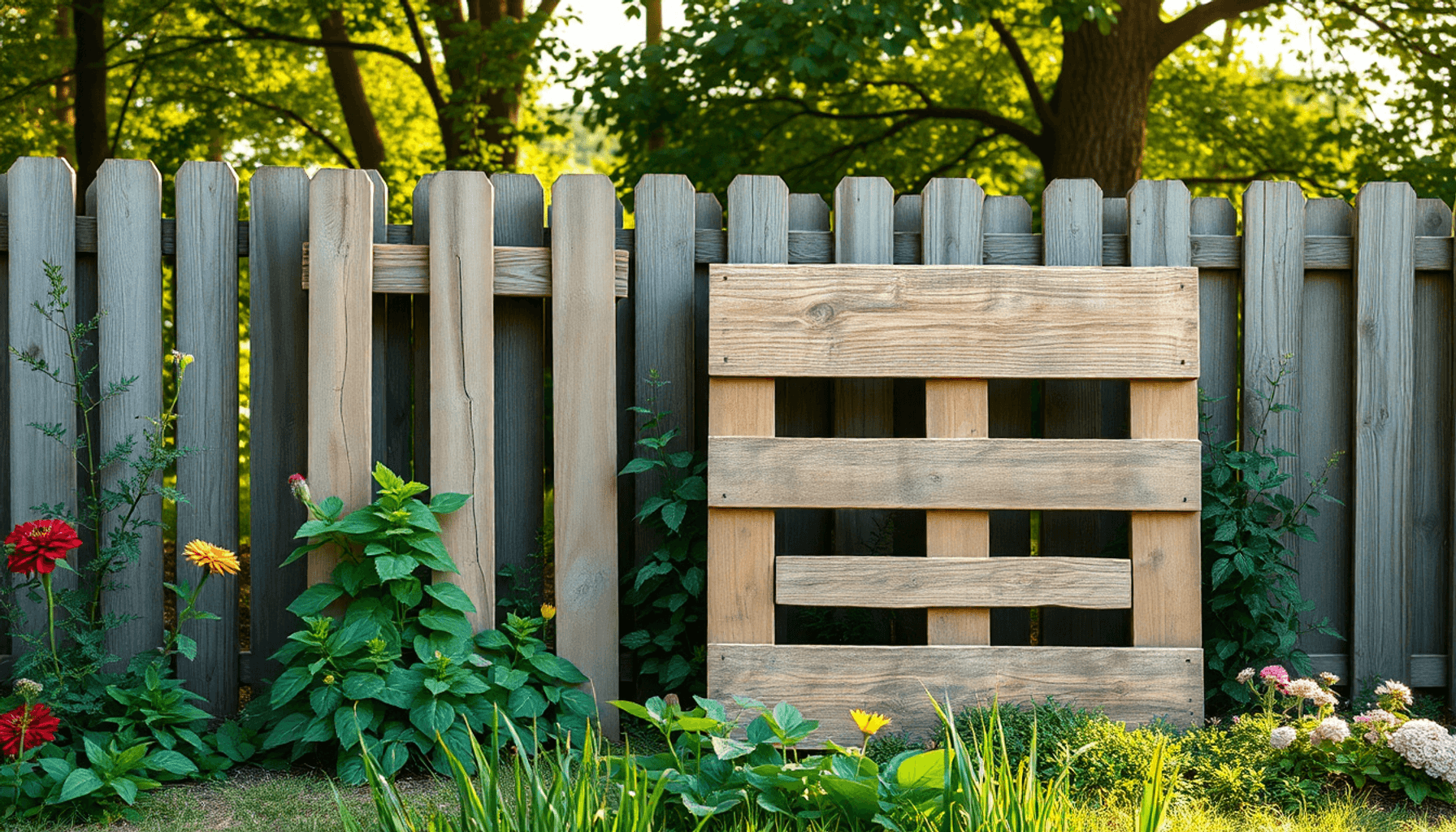 Palette en bois rustique adossée à une clôture de jardin, entourée de plantes vertes et de fleurs