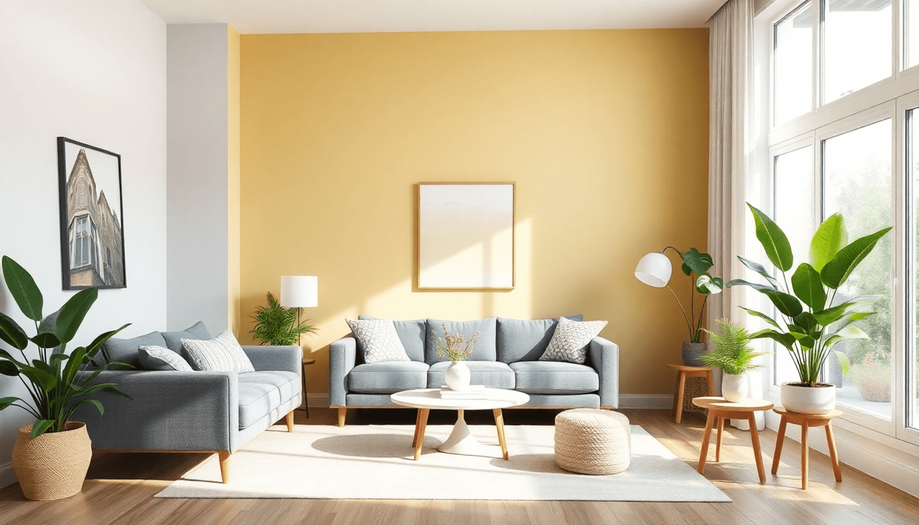 Salon confortable avec des murs bleu doux, jaune chaud et vert, mobilier scandinave moderne