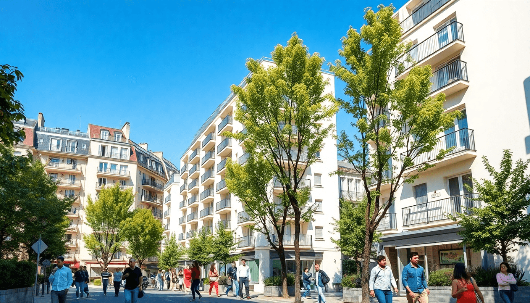 Quartier urbain lumineux près de Paris avec des bâtiments modernes, des rues bordées d'arbres