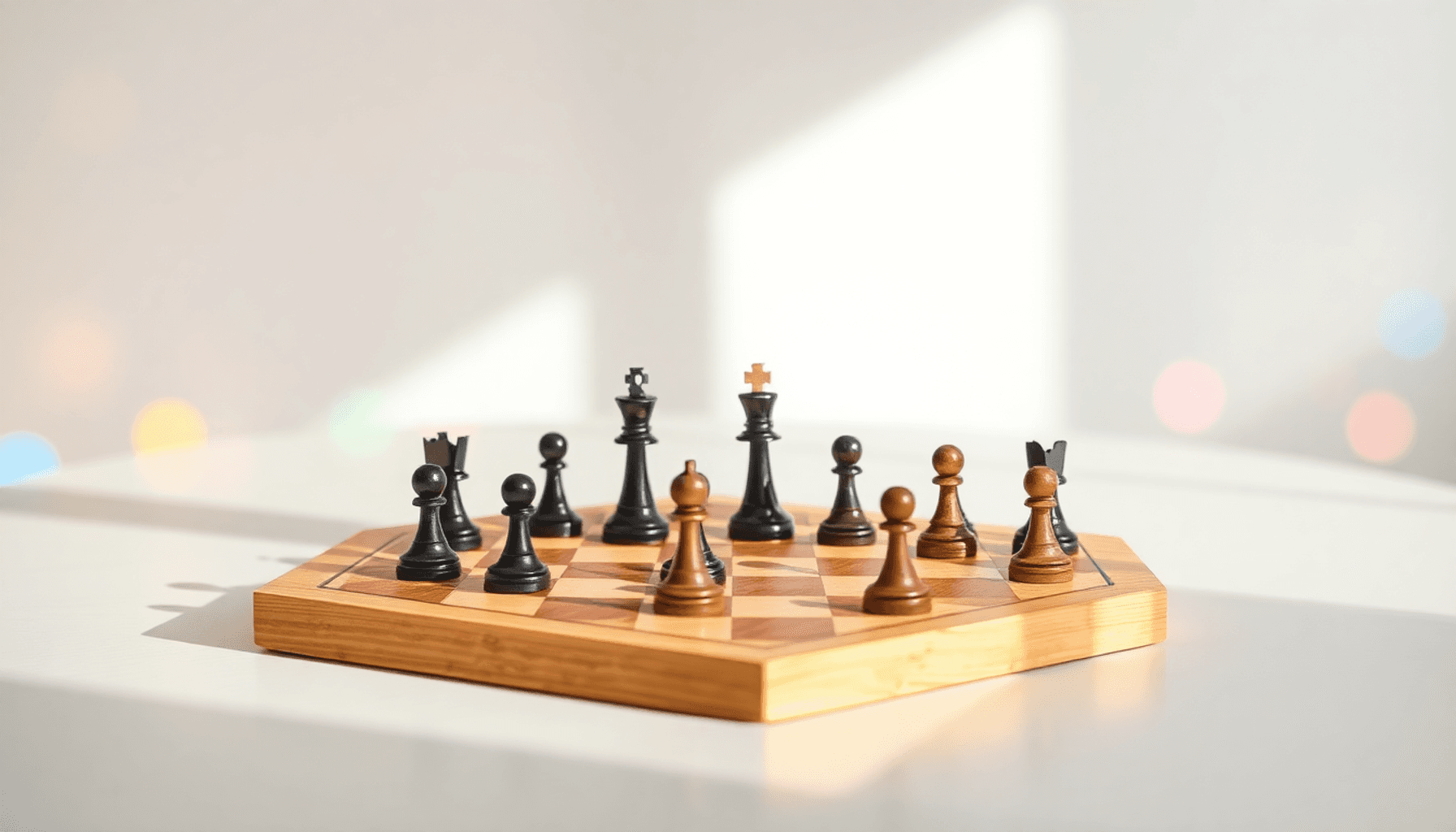 Plateau d'échecs en bois avec des pièces noires et blanches en position de départ sur une table claire