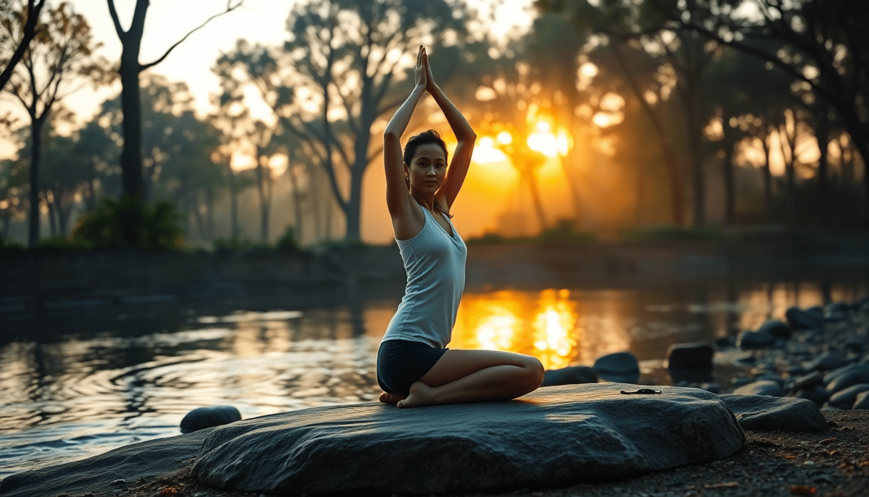 Personne pratiquant le yoga au lever du soleil en plein air, entourée d'arbres