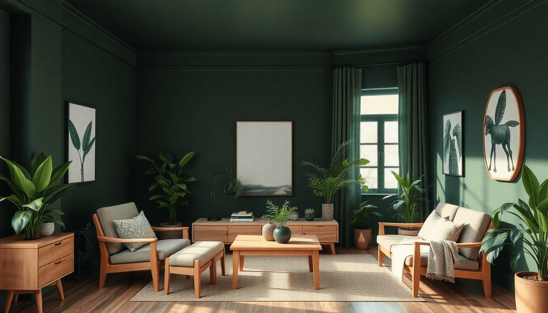 Intérieur avec des murs vert foncé, des meubles en bois naturel et des plantes d'intérieur