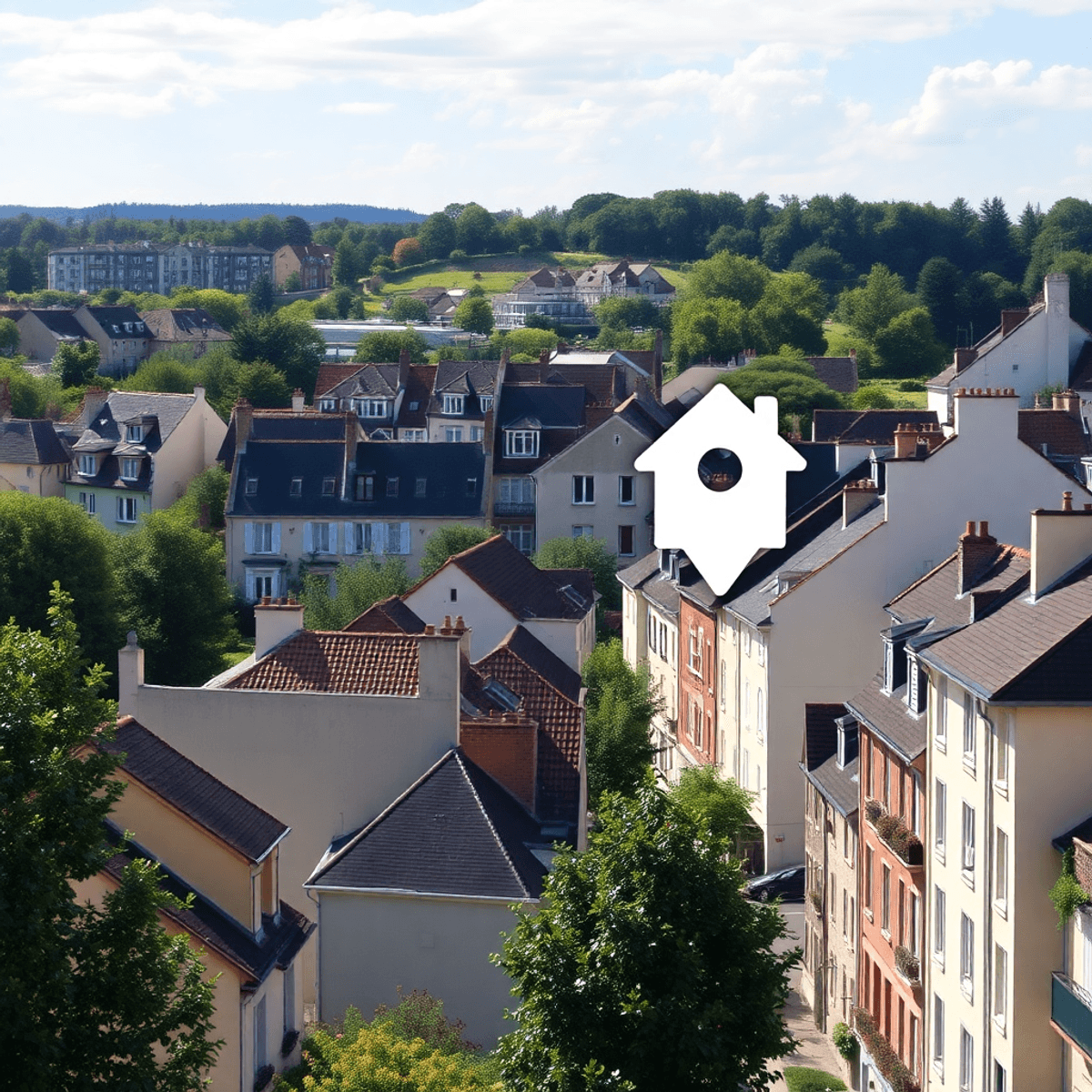 Ville française ensoleillée avec des bâtiments traditionnels et modernes, des rues bordées d'arbres