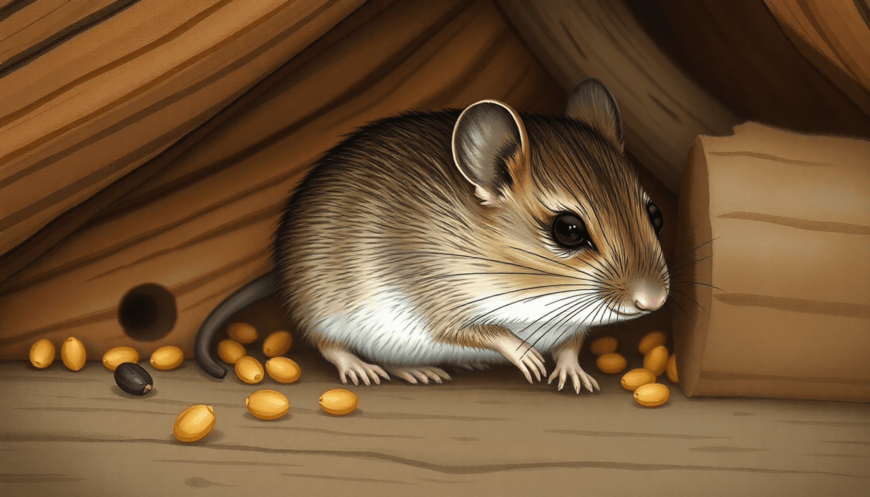 Illustration d'une souris brune et grise avec un ventre blanc nichée entre des poutres