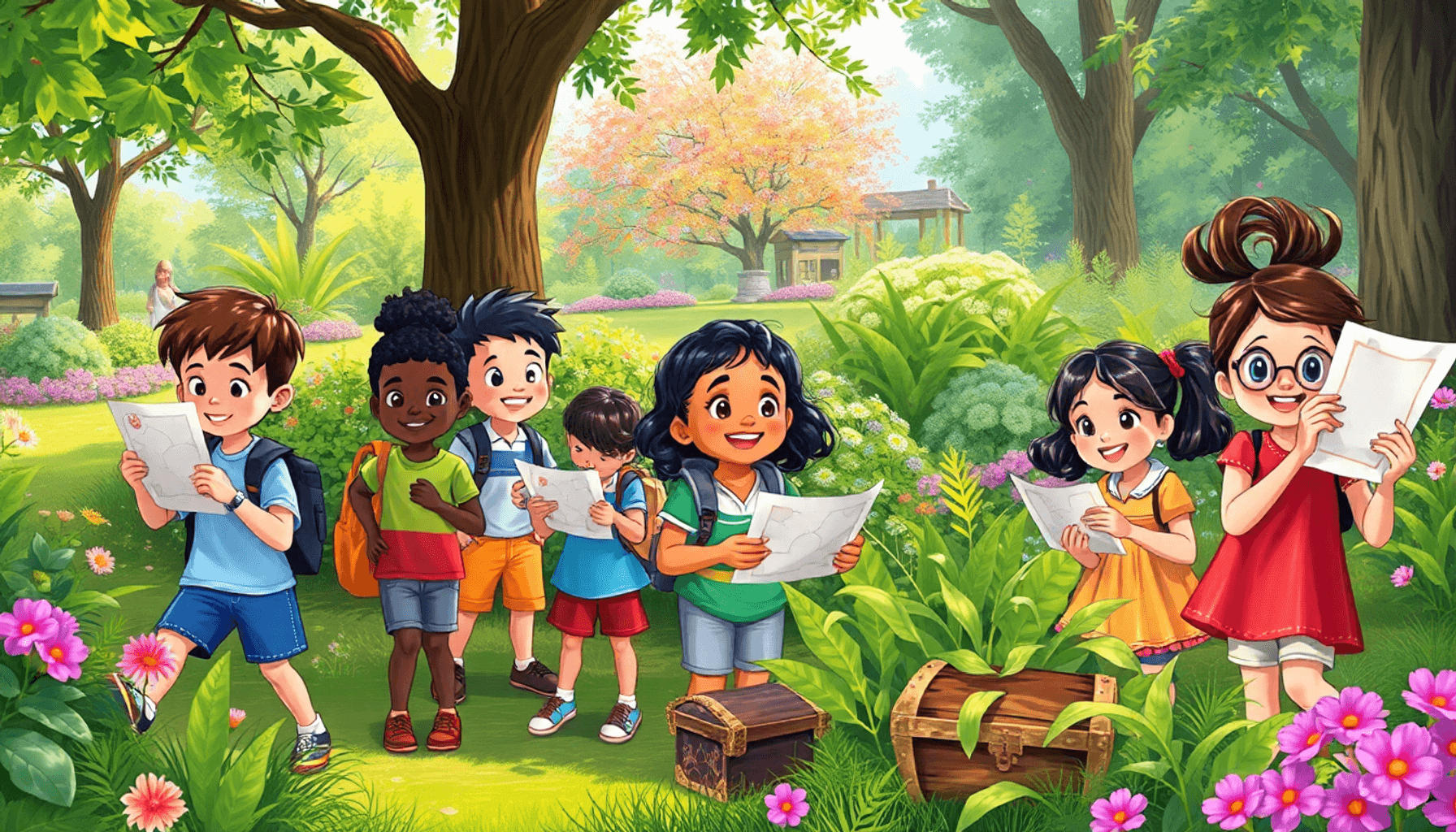 Les enfants sont joyeusement en chasse au trésor dans un jardin luxuriant, tenant des cartes et des indices
