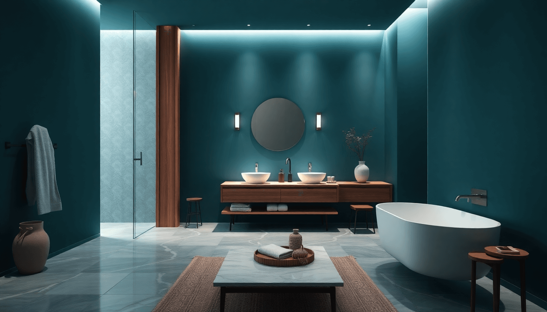 Salle de bain élégante avec des murs en teal profond, des accents en bois et en marbre