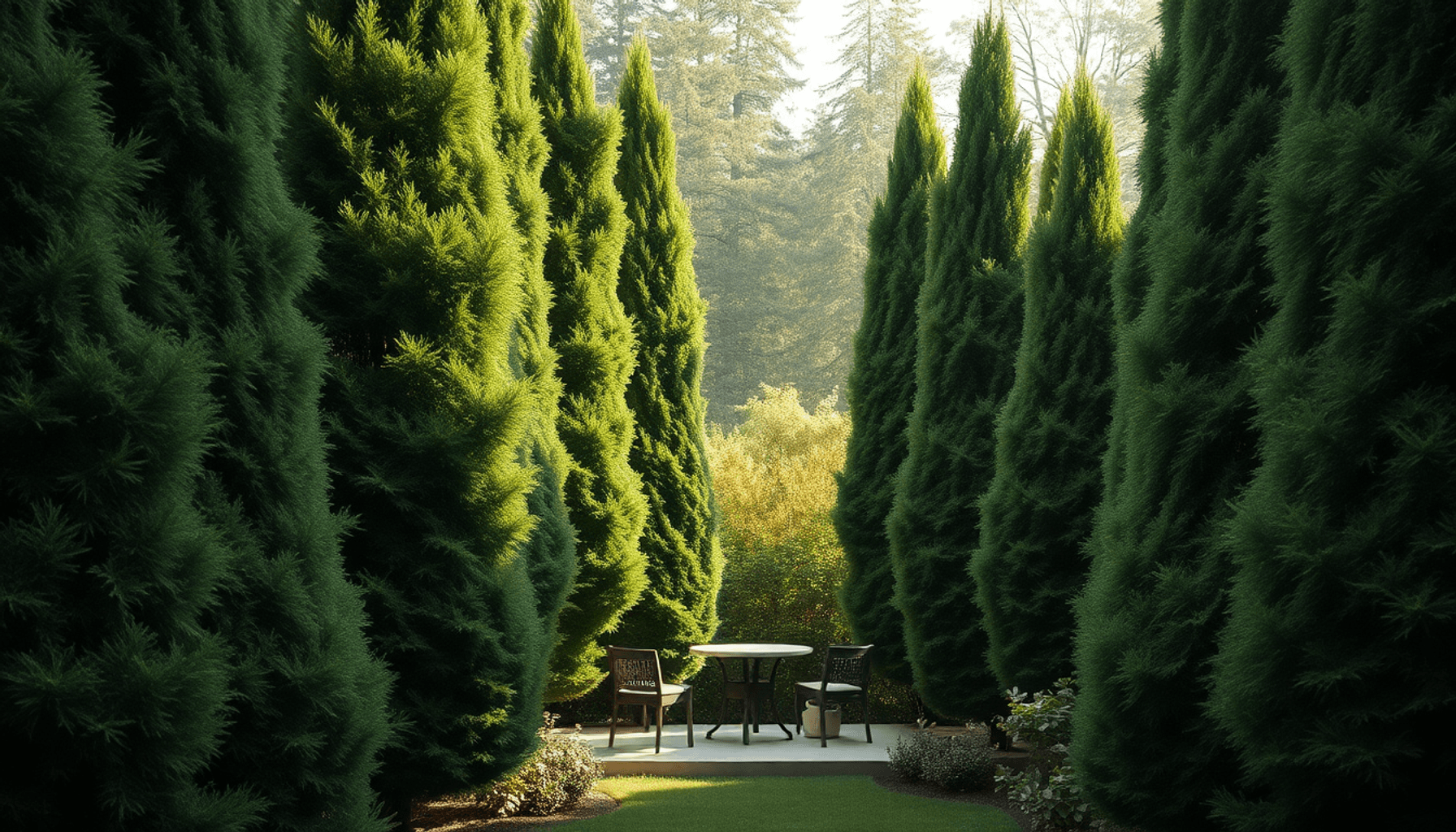 Espace extérieur confortable entouré de plantes à feuillage persistant hautes et denses