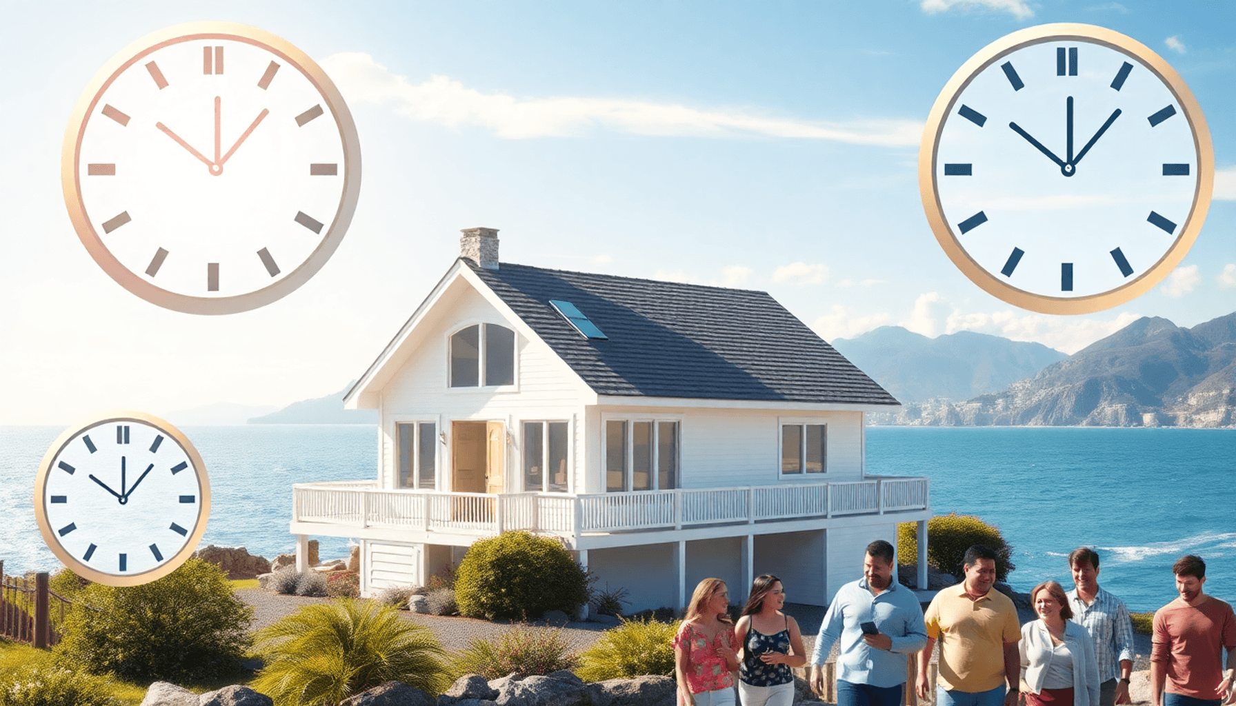 Maison de vacances lumineuse dans un cadre pittoresque avec des horloges qui se chevauchent et des personne...