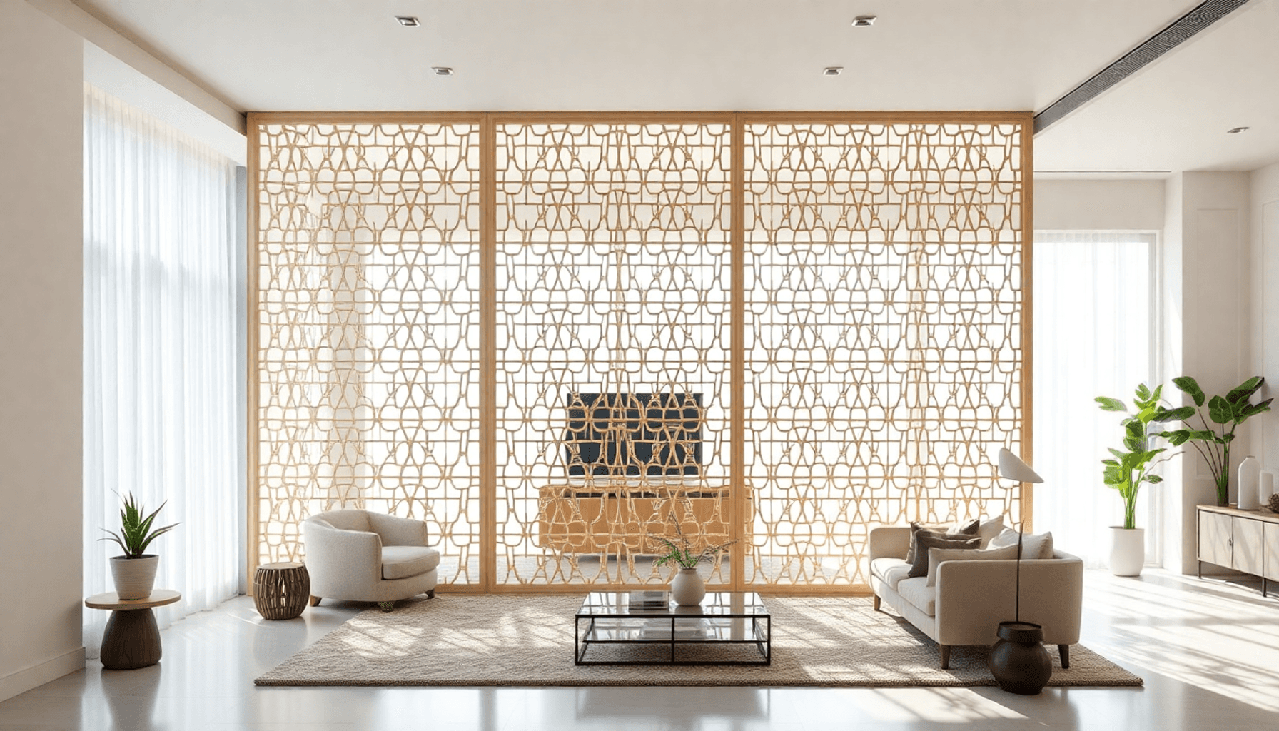 Intérieur moderne avec un séparateur de pièce en openwork géométrique filtrant la lumière