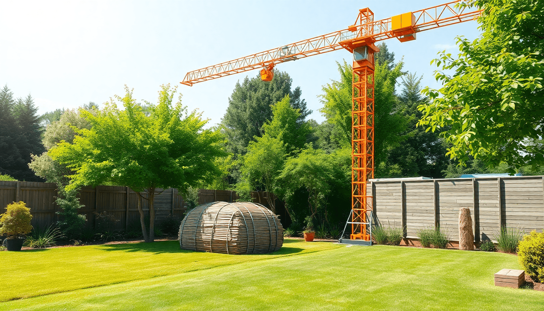 Une grue de construction soulève des matériaux au-dessus d'un jardin soigné avec des arbres
