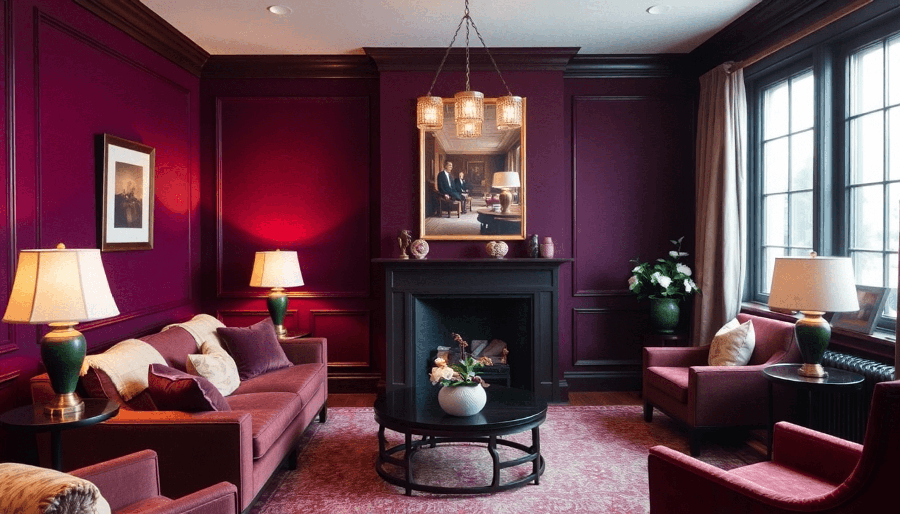 Intérieur cosy avec des murs prune, des coussins moelleux, des rideaux doux, des meubles élégants