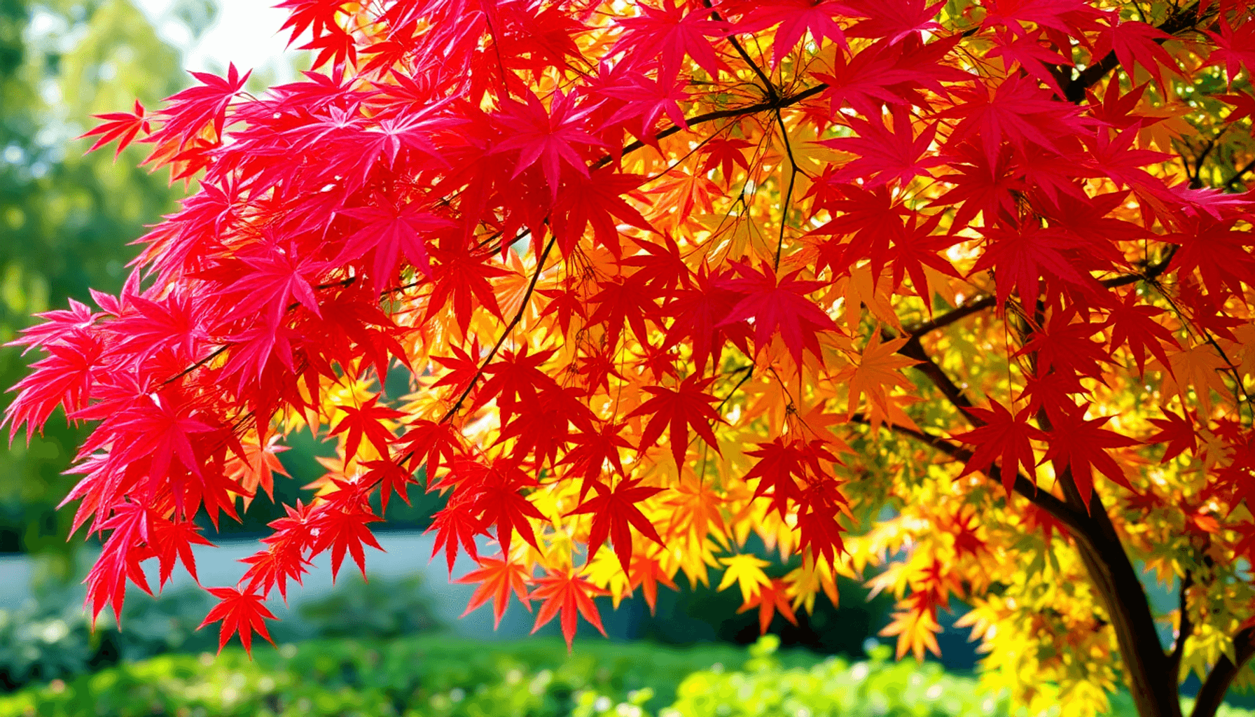 Un magnifique érable japonais avec des feuilles rouge vif, jaune doré et verte dans un jardin.