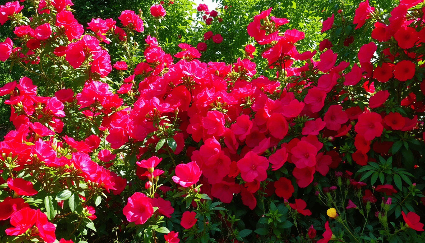 Un jardin avec des camélias rouges luxuriants, des rhododendrons, des roses grimpantes