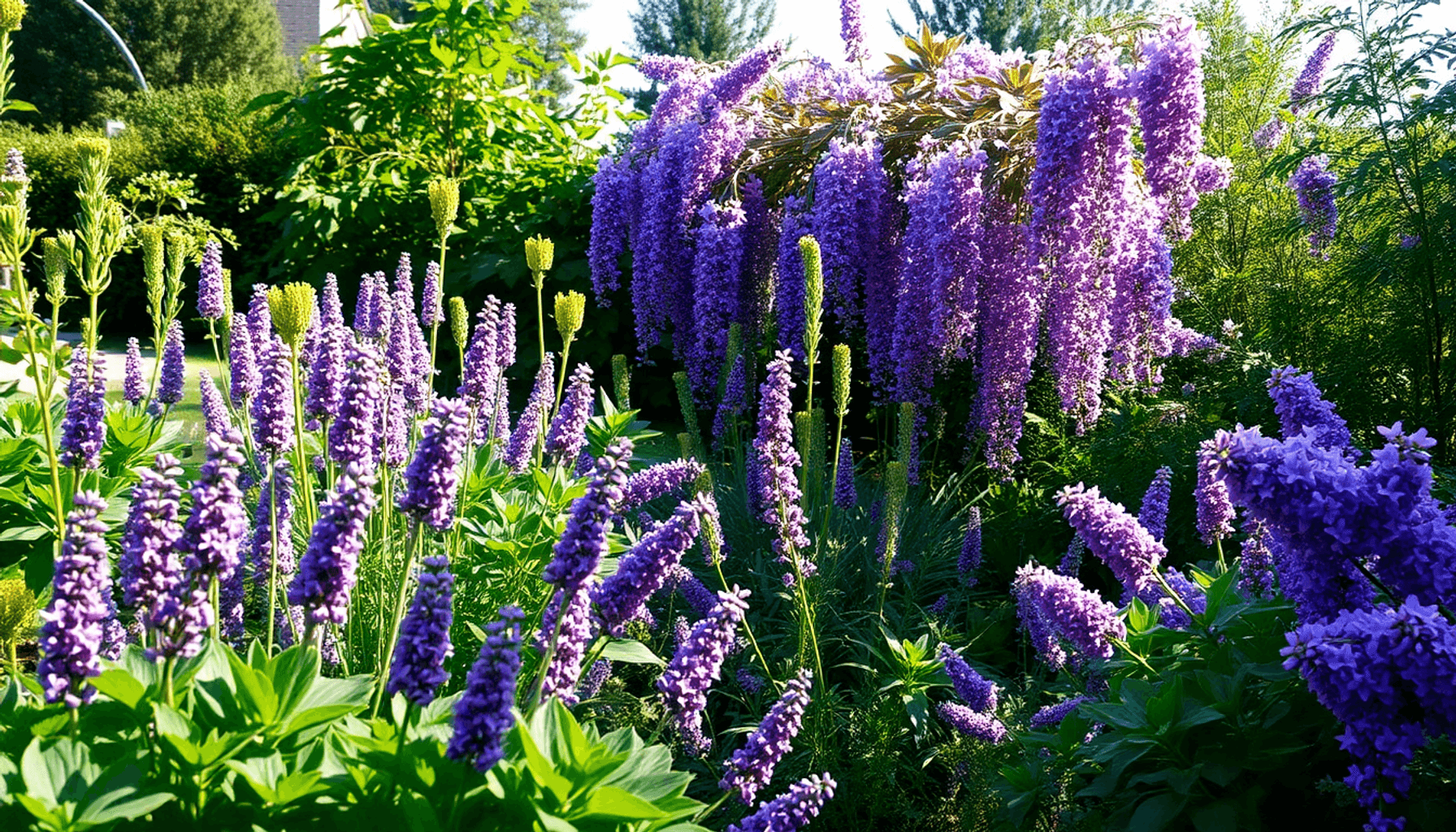Un jardin tranquille avec un feuillage verdoyant luxuriant et de délicates fleurs violettes