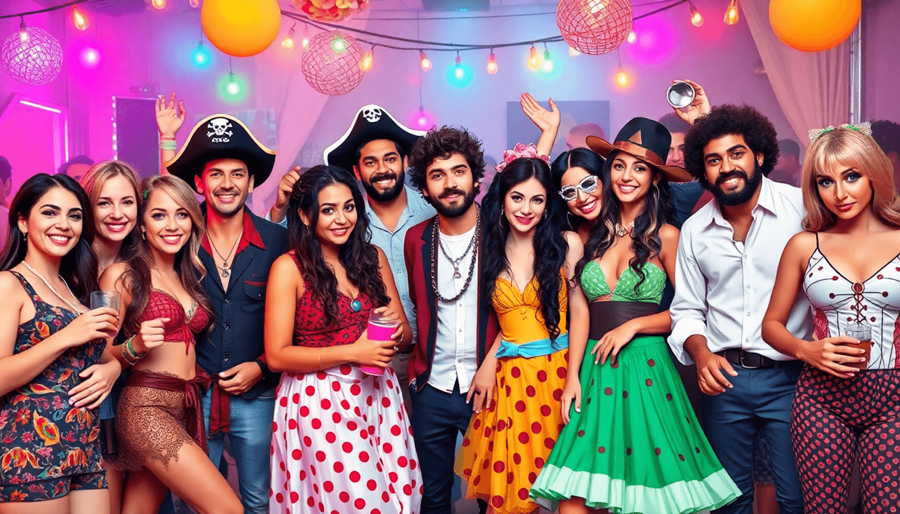 Une fête animée avec des personnes déguisées en hippies, pirates et personnages de films