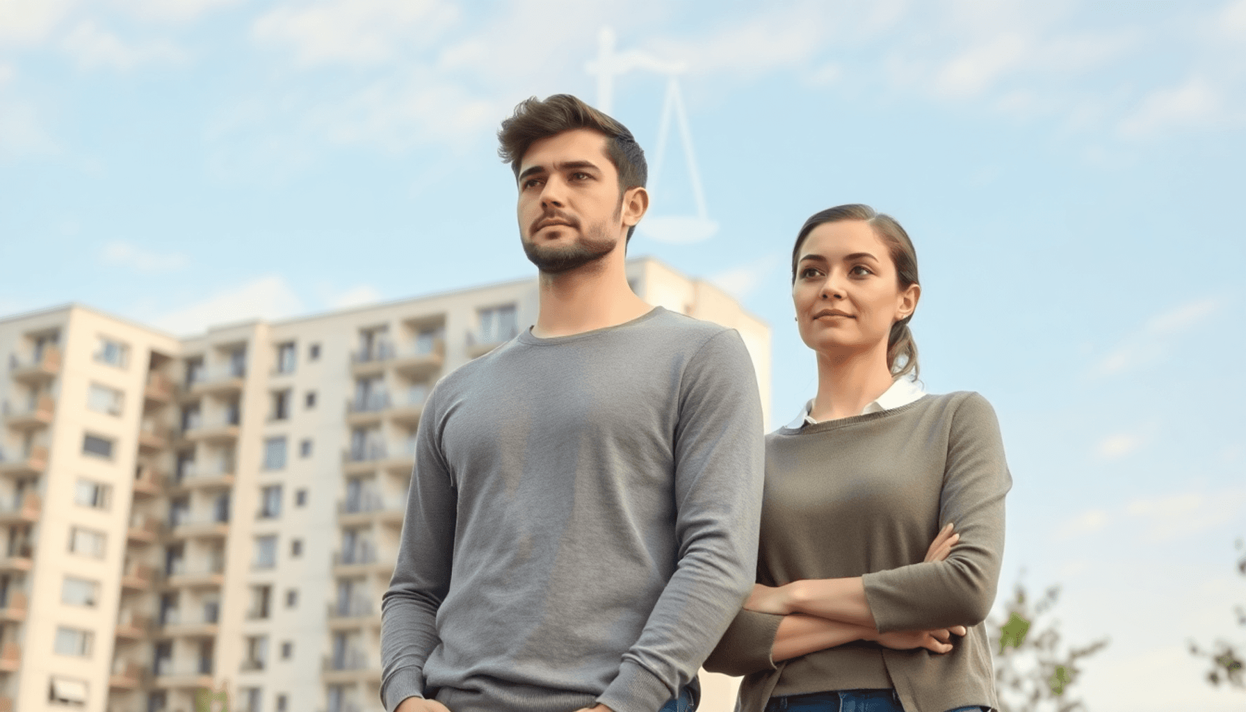 Un jeune couple se tient devant un appartement moderne, avec de un symbole juridique dans le ciel