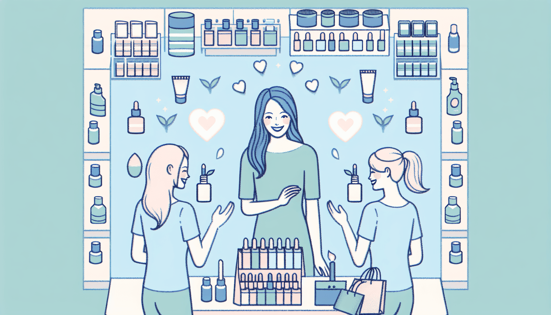 A minimalist illustration of three women smiling and engaging with beauty products in a bright, inviting store. The background features soft colors and simple shelves filled with cosmetics. A small heart symbol is subtly integrated into the scene, representing loyalty and friendship among the women as they share a joyful moment together.