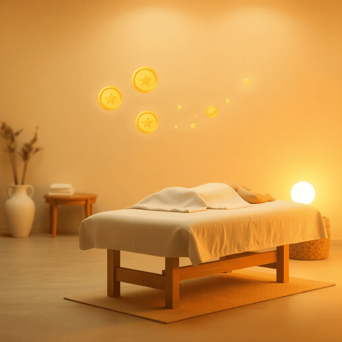 Minimalist spa scene with warm lighting, a person receiving a massage, floating golden tokens above the table, and abstract arrows symbolizing growth and loyalty.