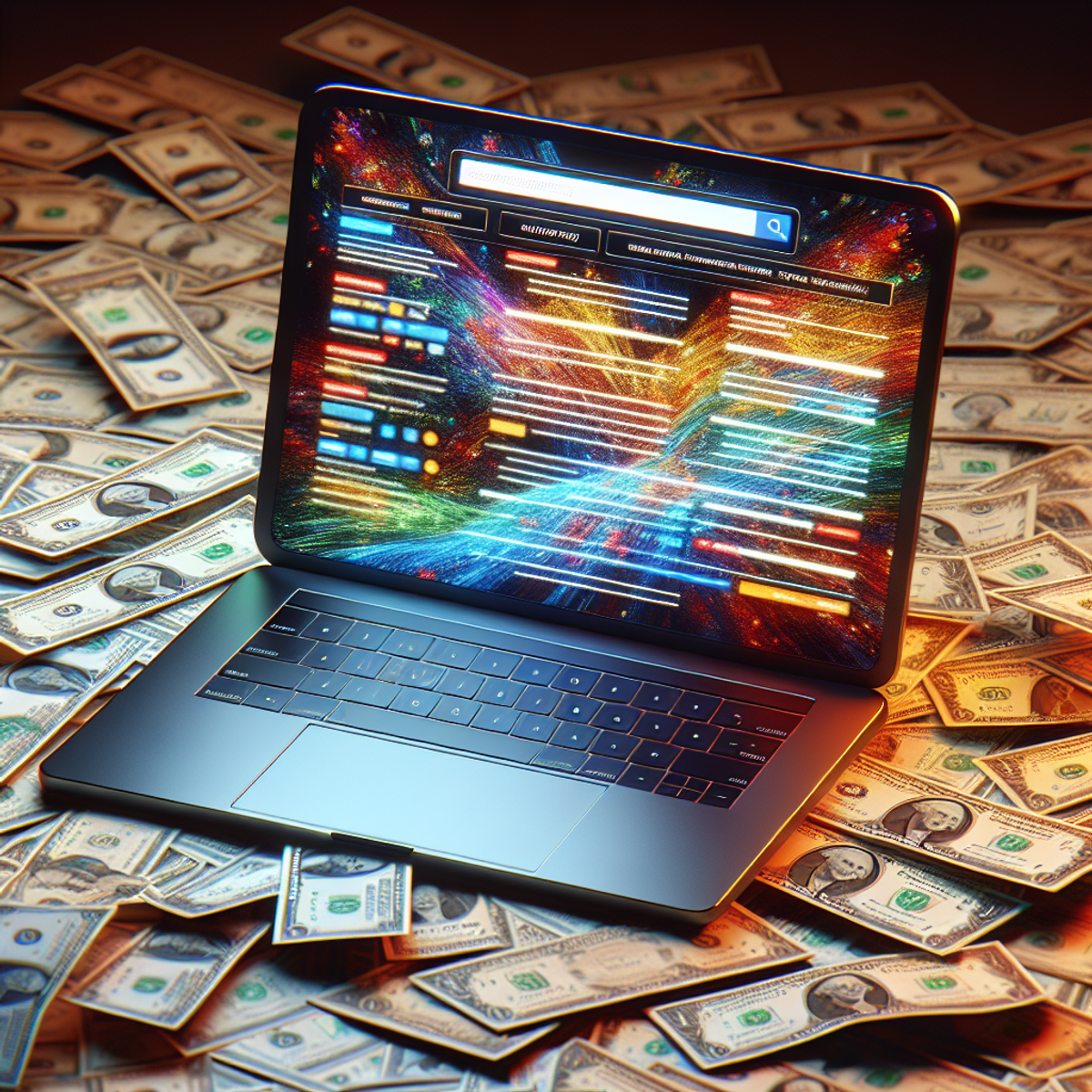 A laptop displaying online advertisements surrounded by scattered dollar bills.