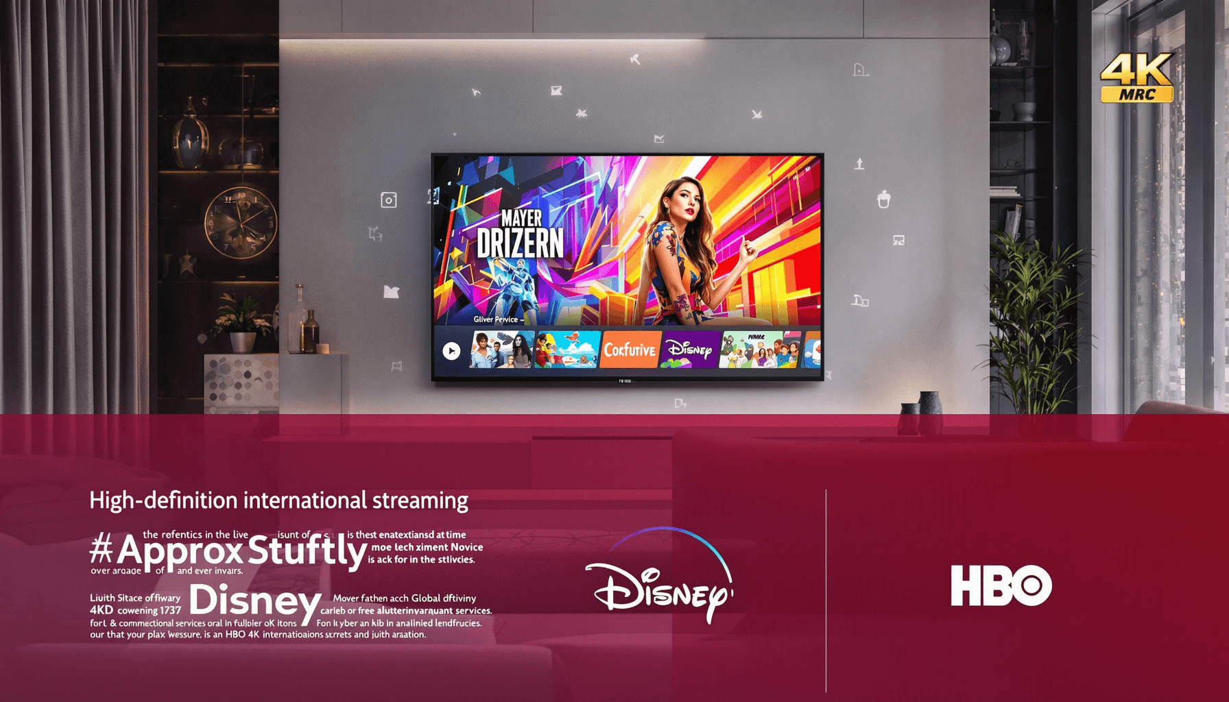Mom IPTV – Best HD Streaming & Global Channels 2025 1 Modern living room with a large flat-screen TV showing vibrant 4K content, surrounded by icons of global streaming services like Amazon, Disney, and HBO.