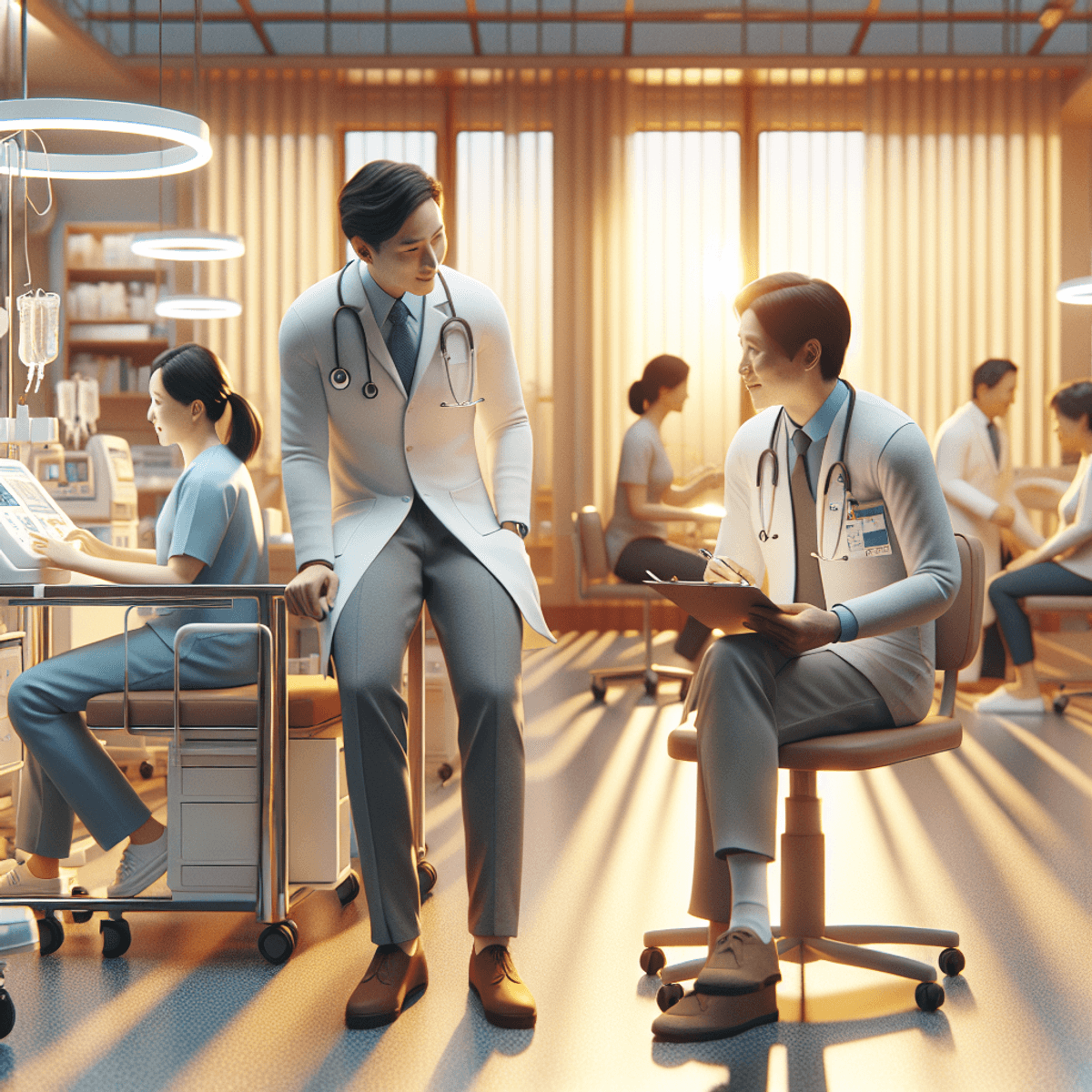 Paralysis Treatment Centre 6 A warmly lit clinic setting showcasing a Caucasian male doctor and an Asian female nurse in professional attire, engaged in friendly consultations with patients. The room is filled with medical tools and equipment, emphasizing personalized care. The atmosphere radiates empathy, reassurance, and support, reflecting the importance of community in healthcare.
