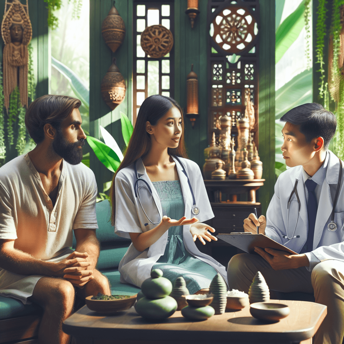 Paralysis Treatment Centre 2 A serene Ayurvedic treatment center surrounded by lush greenery, featuring a Caucasian woman and an Asian man engaged in detailed discussion about patient care. A patient is visibly included in the interaction, highlighting a warm atmosphere of collaboration and care. Traditional Ayurvedic symbols subtly enhance the tranquil setting, emphasizing the holistic approach to health. The scene captures a realistic depiction of multicultural healthcare professionals working together in harmony.