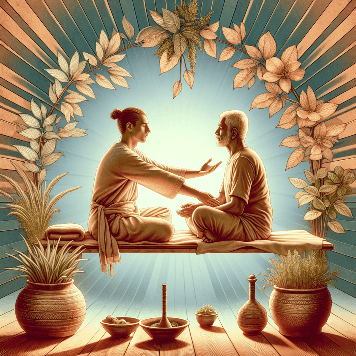 Paralysis Treatment Centre 4 A Caucasian Ayurvedic practitioner, dressed in traditional attire, gently examines a patient seated on a comfortable mat surrounded by lush green plants and vibrant herbs. The serene room is filled with natural light, highlighting wooden shelves lined with jars of herbs. The practitioner’s calm demeanor and attentive posture convey a sense of trust and healing, while the patient appears relaxed and receptive to the treatment. The atmosphere is peaceful, symbolizing the holistic approach of natural remedies in a tranquil healing environment.