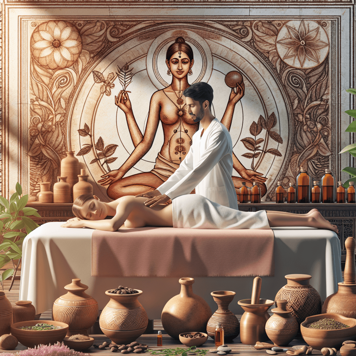 Paralysis Treatment Centre 5 A serene Ayurveda treatment room featuring a Caucasian therapist gently performing Patra Pinda Sweda therapy on a relaxed patient. The room is adorned with traditional Ayurvedic herbs and oils, creating a calming atmosphere. Soft lighting enhances the natural wooden decor, while decorative elements like brass bowls and lotus flowers add to the holistic ambiance, emphasizing healing and wellness.