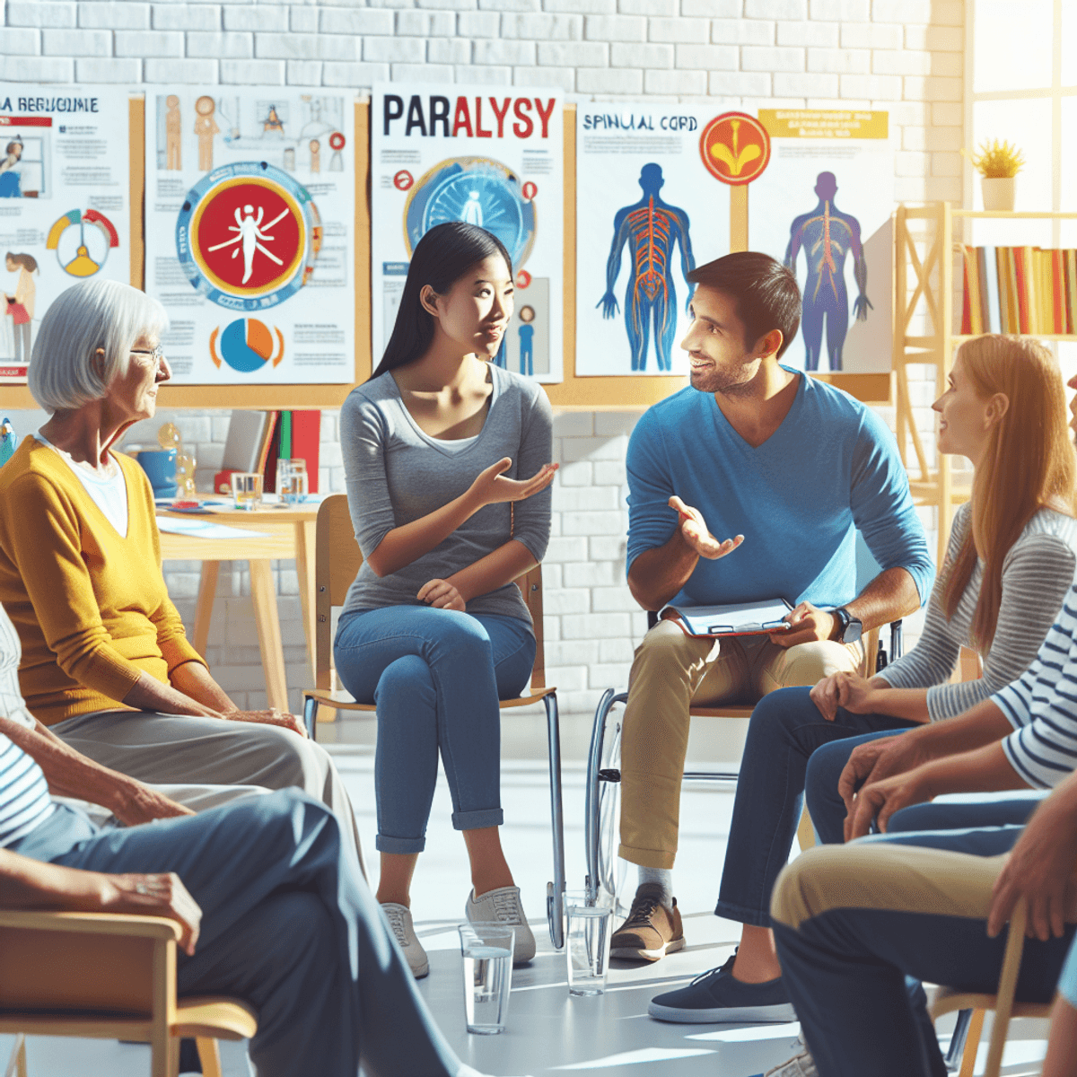 Paralysis Treatment Centre 3 A diverse group of individuals engages in a heartfelt conversation about paralysis in a bright, welcoming community center. The scene features a Caucasian person and an Asian person, both deeply involved in the discussion, with expressions of empathy and compassion on their faces. The room is filled with visual aids related to stroke and spinal cord injuries, including graphs, diagrams, and illustrations, enhancing the atmosphere of support and understanding. The overall ambiance radiates warmth and acceptance.