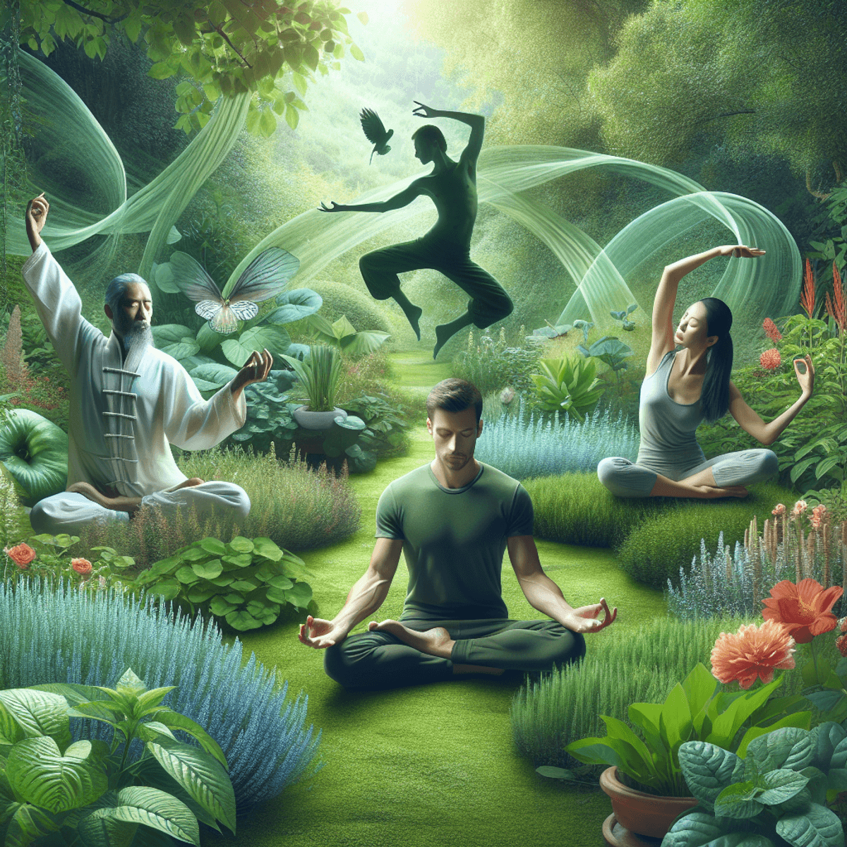 Paralysis Treatment Centre 7 A serene green garden filled with various healing herbs and plants, featuring a Caucasian man gracefully performing Tai Chi, a Hispanic woman in a meditative pose, and an Asian man practicing gentle yoga. The vibrant setting symbolizes hope and resilience in recovery from paralysis, with sunlight filtering through the leaves, creating a tranquil atmosphere.