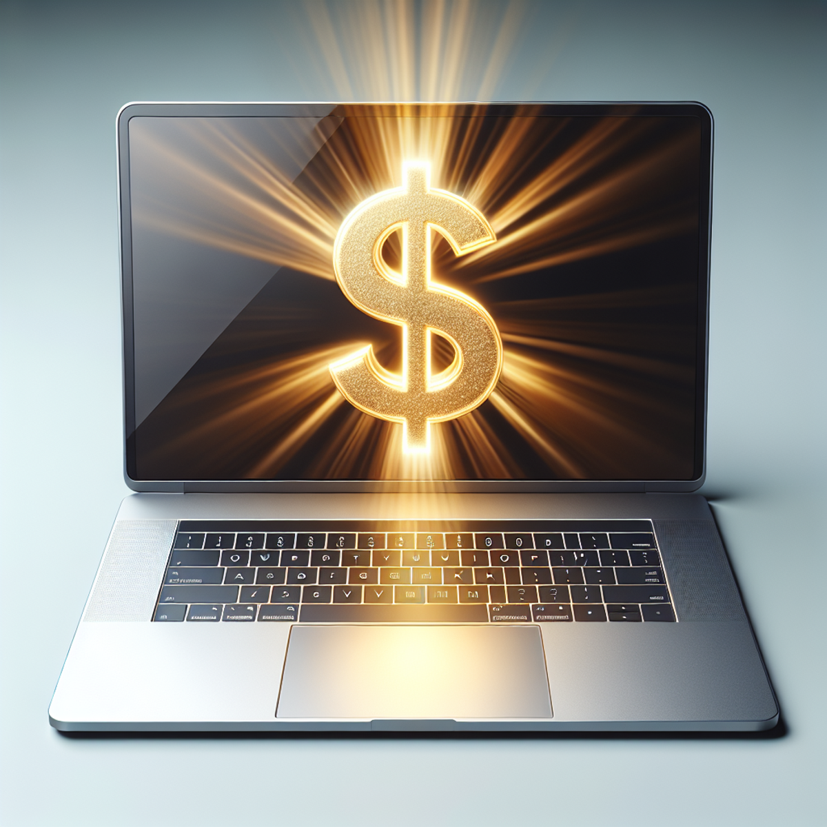 Alt text: A silver laptop with a glowing golden dollar sign on the screen.