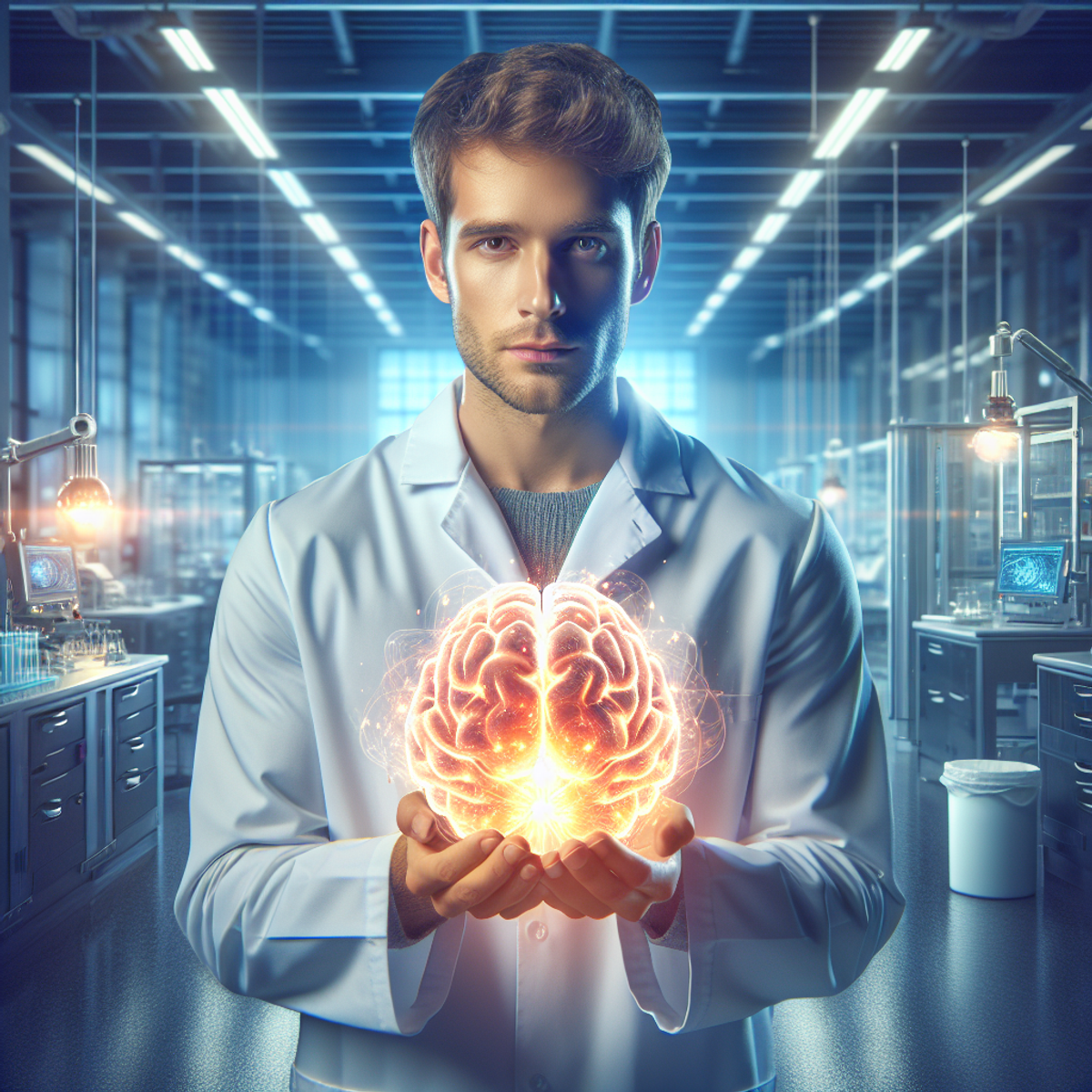 A Caucasian male scientist in a lab coat holding a glowing brain in a modern laboratory.
